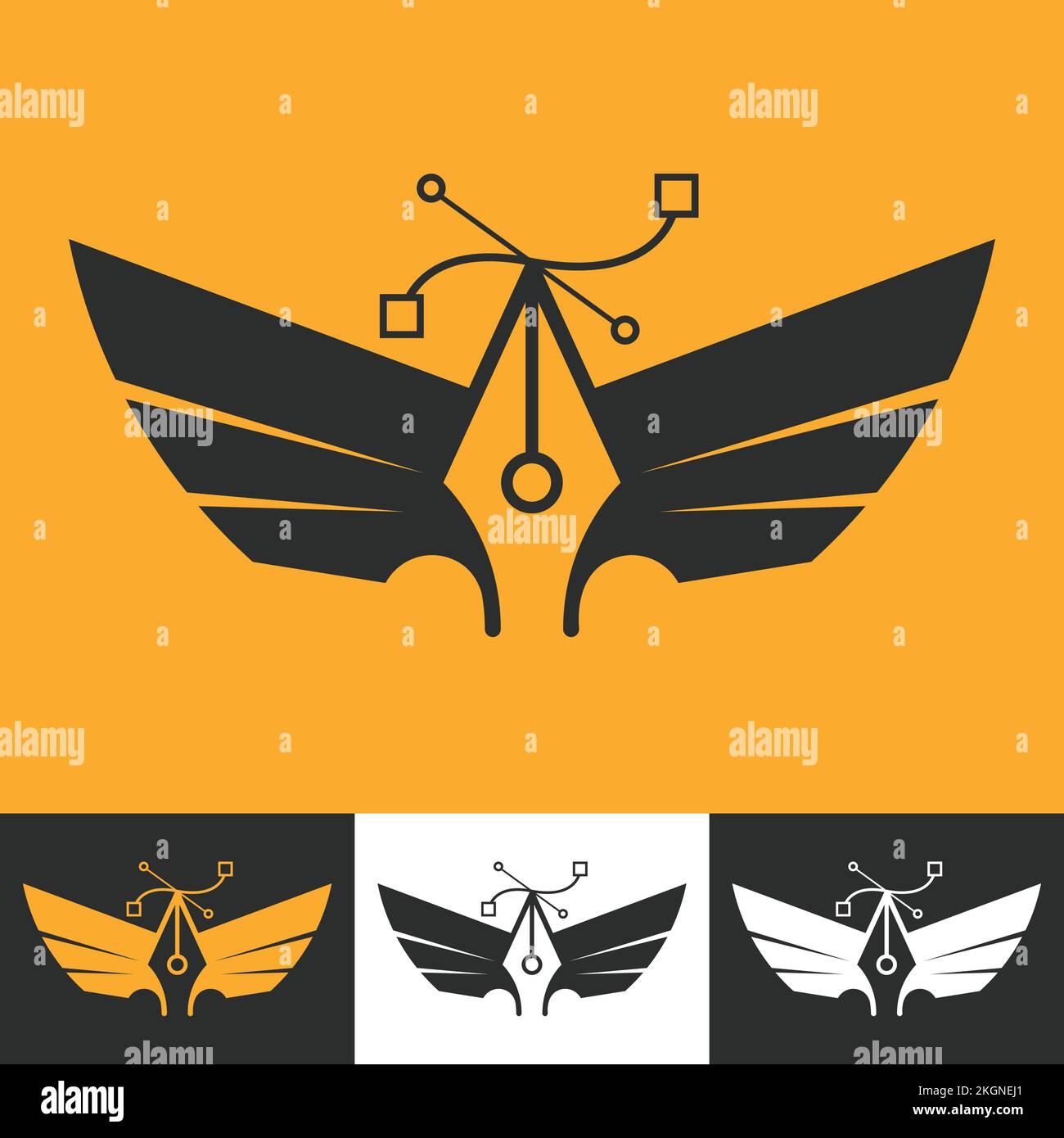 Logo de l'outil Plume, outil Plume avec logo vectoriel WiNG, logo Wing avec un outil Pen, logo Design, icône Designer Illustration de Vecteur