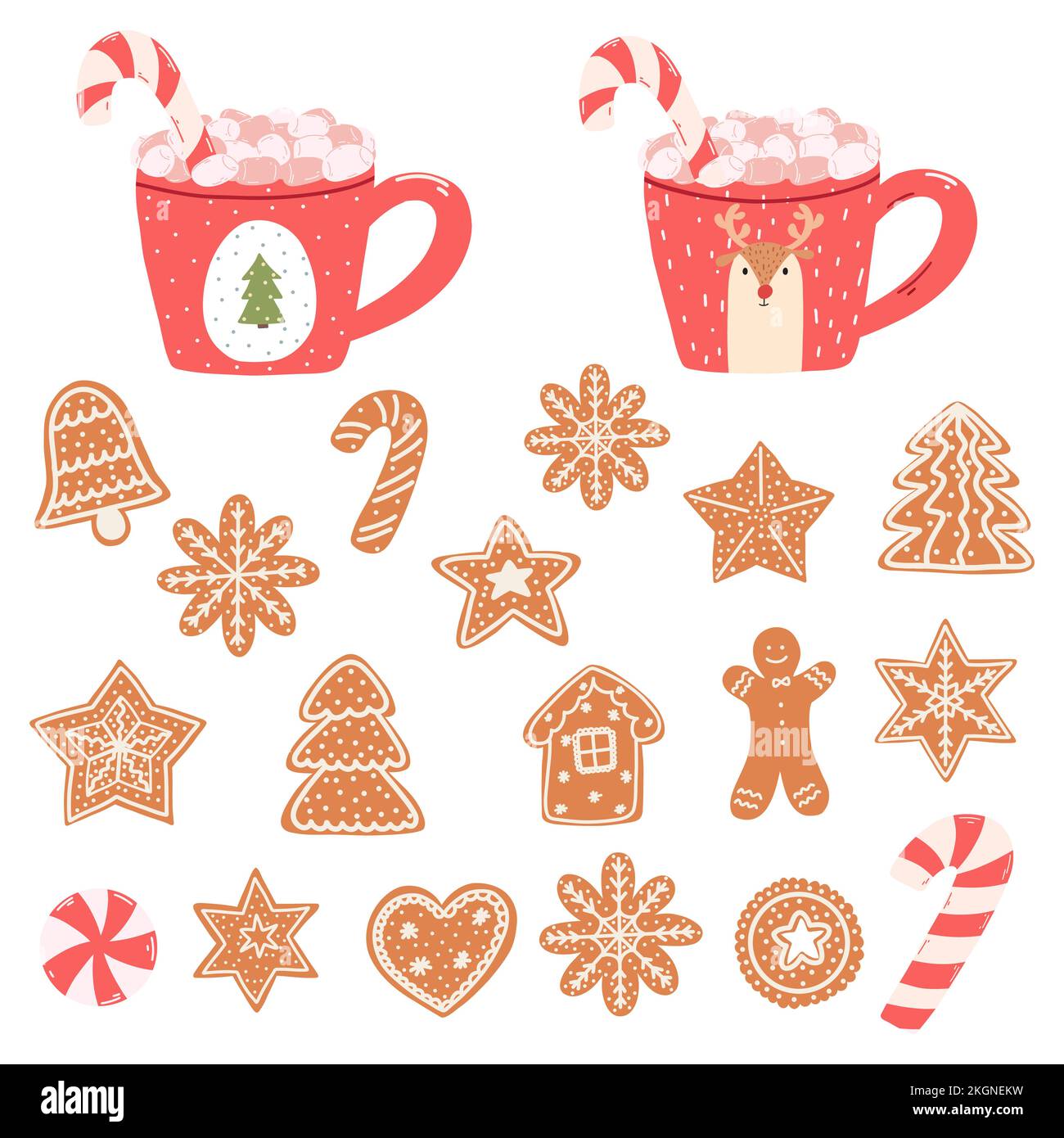 Mignons mugs avec guimauves, canne à sucre et biscuits au pain d'épice dans un style de dessin animé. Illustration vectorielle dessinée à la main de boissons chaudes et de bonbons de Noël Illustration de Vecteur
