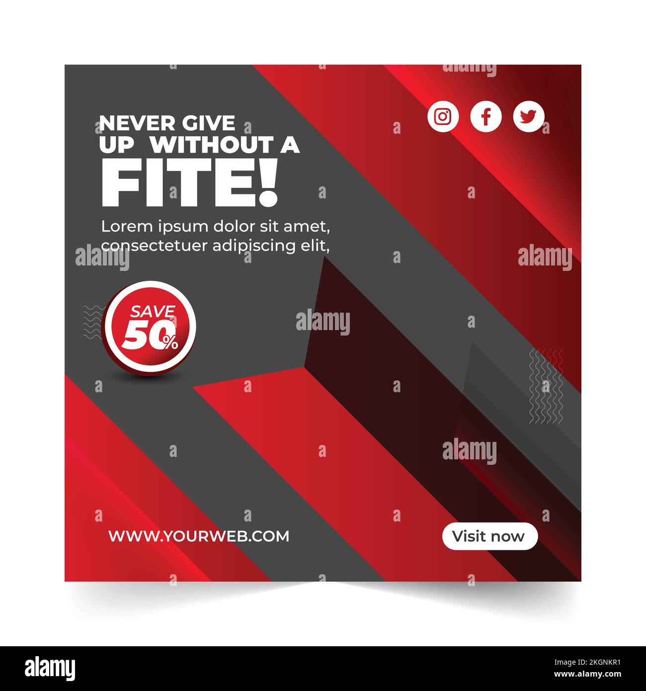 Fitness gym solde social media post design template, social Media Post pour fitness gym promotion, social media bannière. Avec carré et rouge, noir et W. Illustration de Vecteur