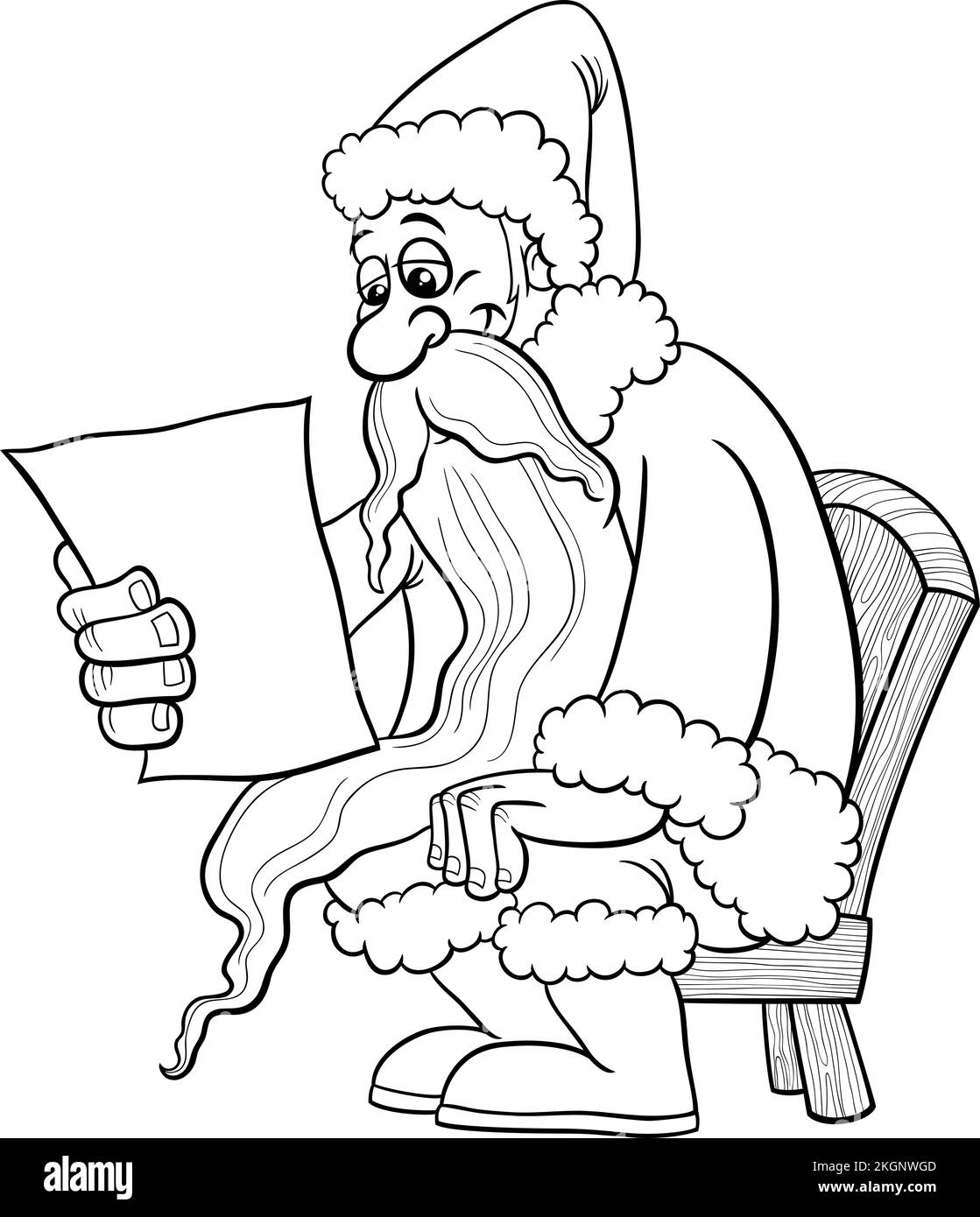 Dessin animé noir et blanc de la bande dessinée du Père Noël personnage lisant une lettre sur la page de coloriage de l'heure de Noël Illustration de Vecteur