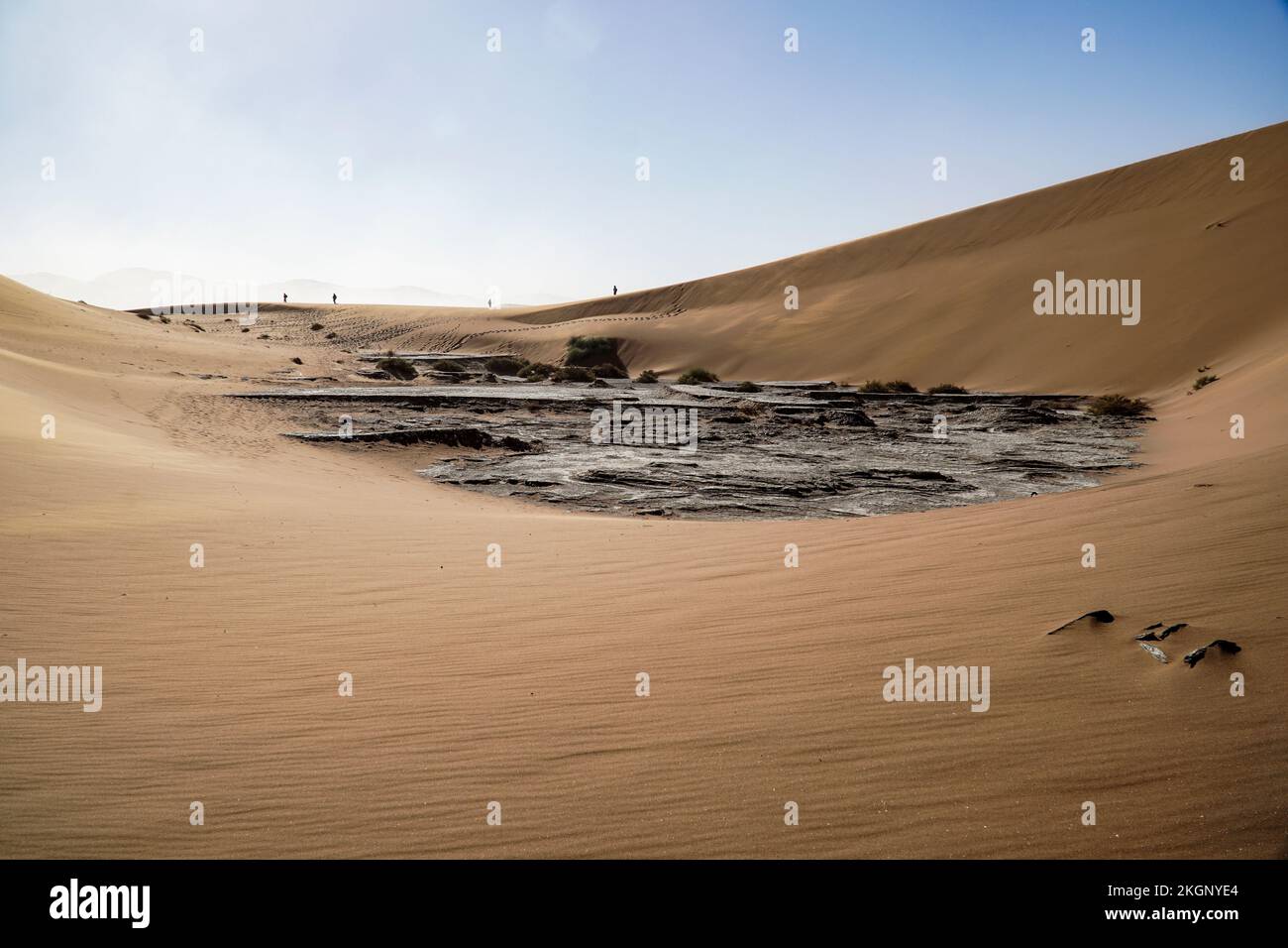 Une scène hypnotisante d'une casserole de sel et d'argile entourée de hautes dunes à Sossusvlei, Namibi Banque D'Images