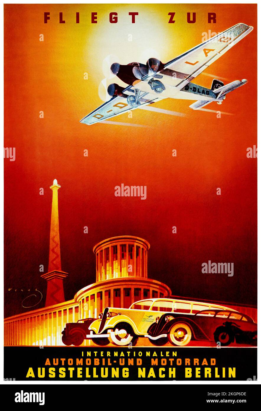Fliegt zur Ausstellung de Hans Otto Wendt (1911-1979). Affiche publiée en 1936 en Allemagne. Banque D'Images