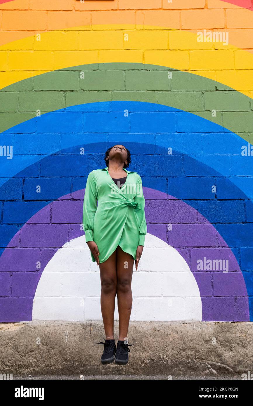 Femme qui se levait devant le drapeau arc-en-ciel peint sur le mur Banque D'Images