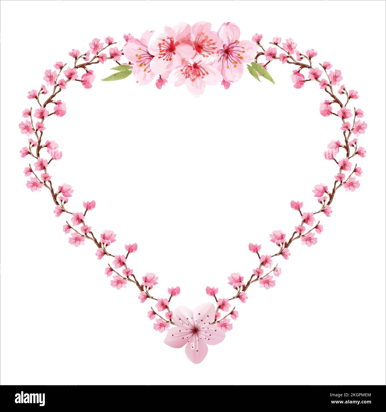 Couronne fleurie en forme de cœur avec cœur blanc. Cerisiers en fleurs Couronne rose pétale romantique pour mariage, date, Saint-Valentin et événement spécial. Illustration de Vecteur
