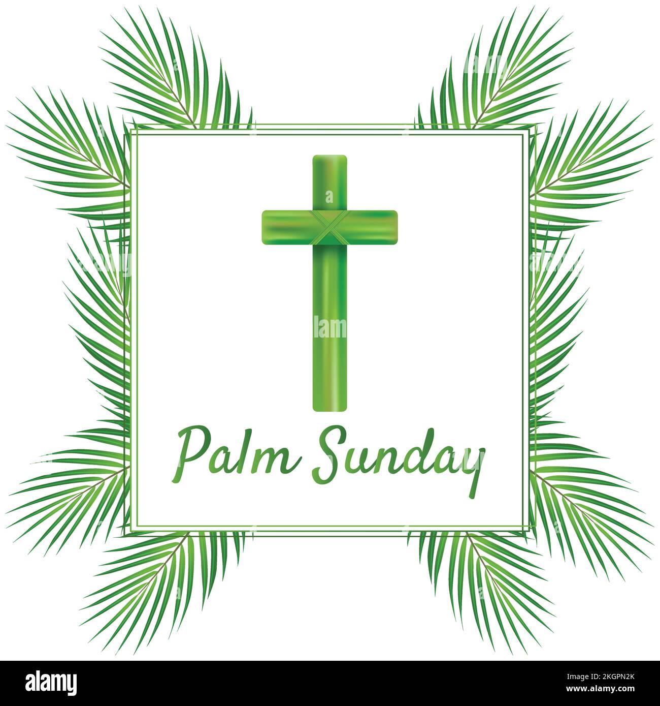 Palm Sunday croix et avant fond blanc, vert Palm feuilles icône vectorielle. Illustration vectorielle pour la fête chrétienne. Palm dimanche manuscrit ph Illustration de Vecteur