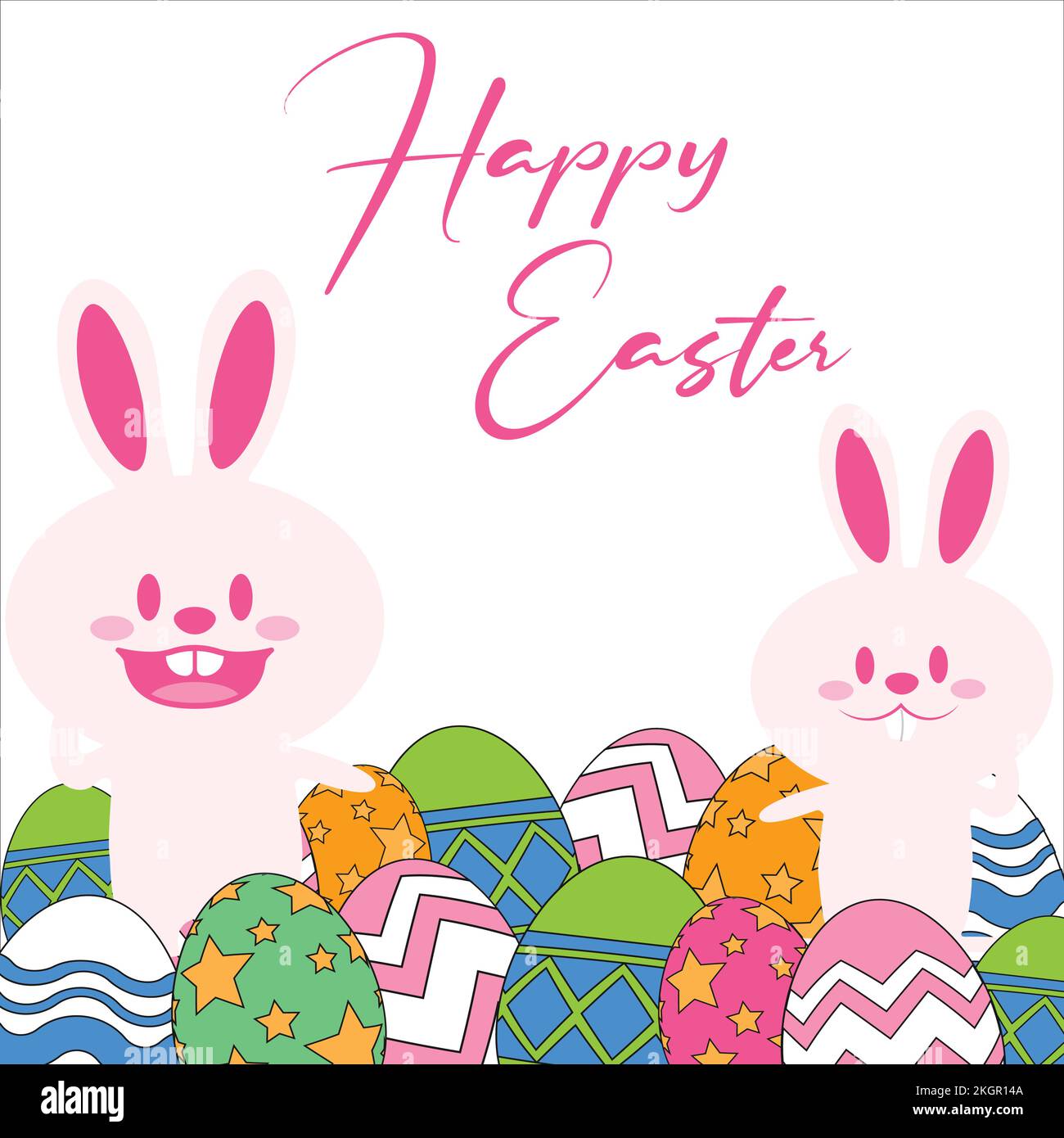 Lapins de Pâques heureux dans un fond blanc, lapins de Pâques heureux avec des oeufs multicolores, de belles lapins roses, joyeuses Pâques avec un texte de couleur rose Illustration de Vecteur
