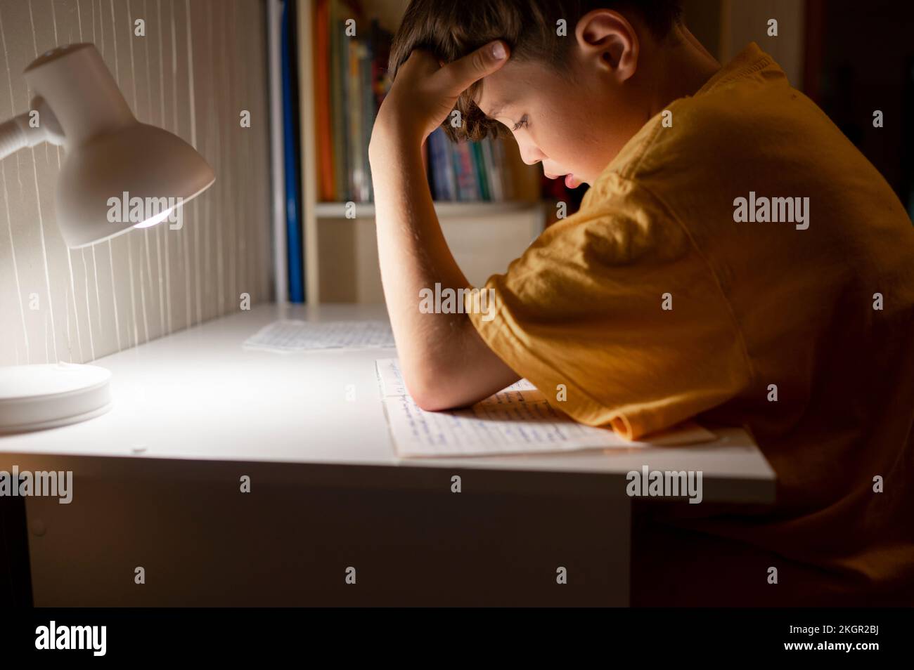 Étudiant avec la tête dans la main livre de lecture sur la table à la maison Banque D'Images