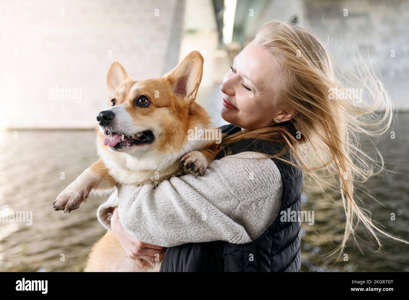 Femme souriante regardant la jolie Pembroke gallois Corgi Banque D'Images