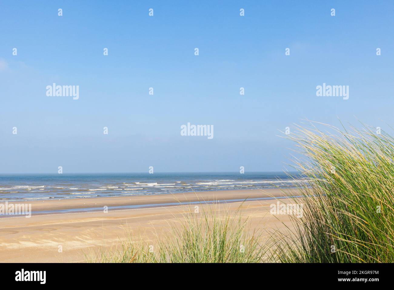 Belgique, Flandre Occidentale, Plage de sable avec ligne d'horizon claire au-dessus de la mer du Nord en arrière-plan Banque D'Images