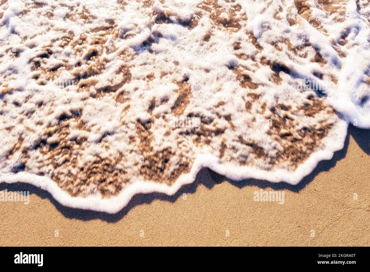 Plage de sable brossée par une vague mousseuse Banque D'Images