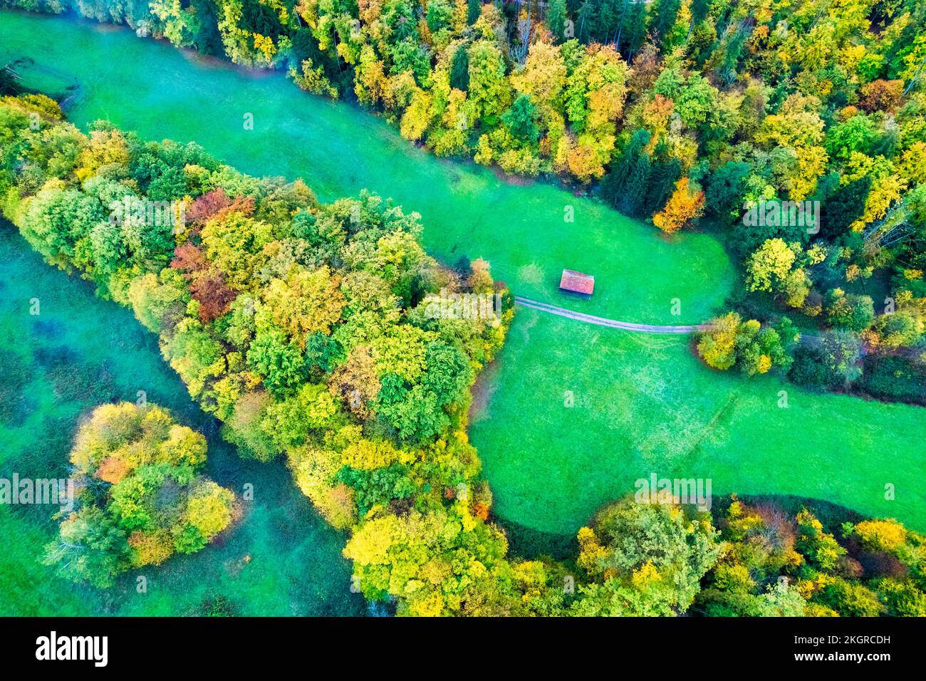 Allemagne, Bade-Wurtemberg, Drone vue sur le paysage rural de la vallée de Wieslauftal Banque D'Images