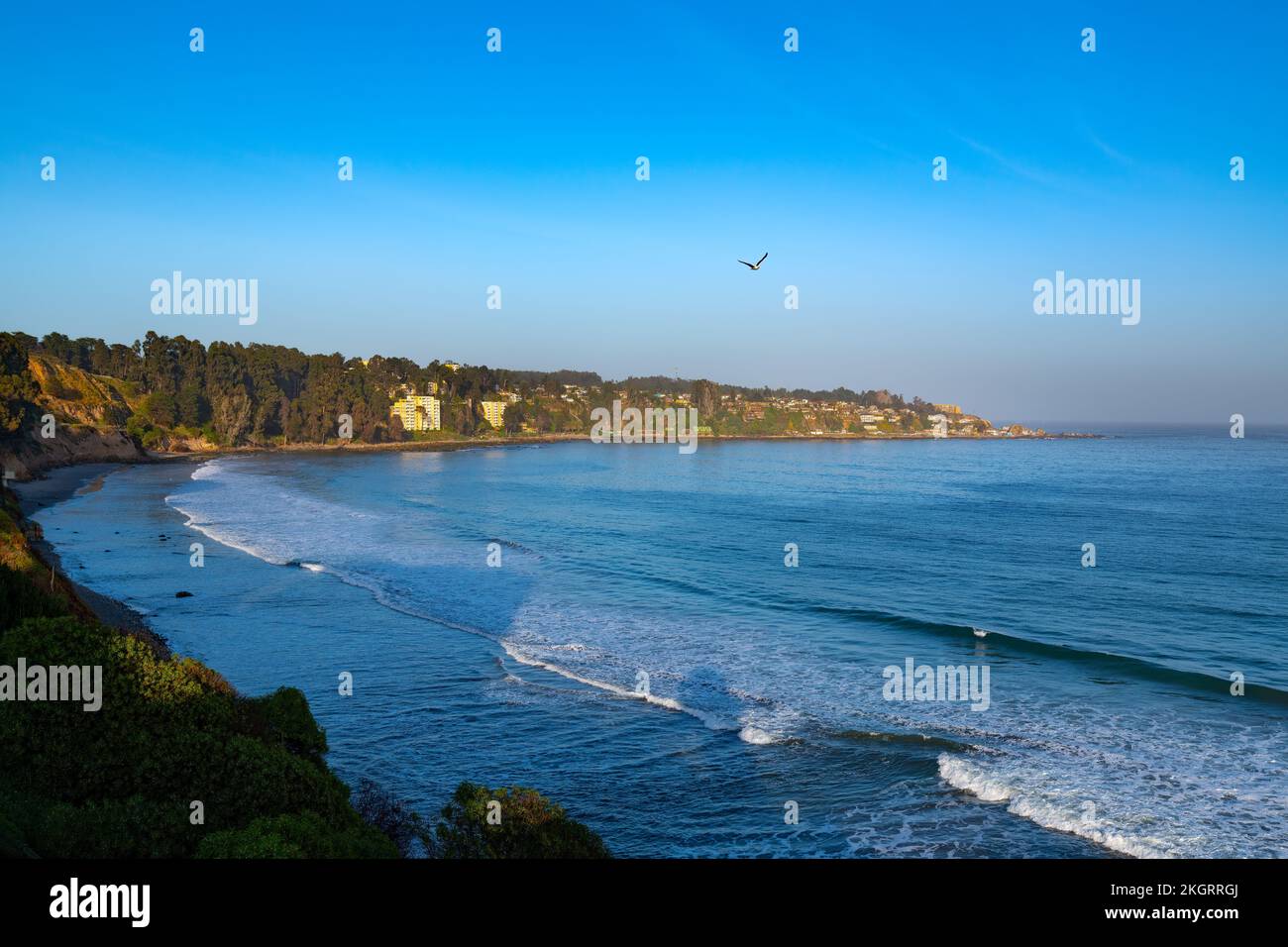 Falaises sur la côte de Puchuncavi avec la ville de Horcon à l'arrière, Chili Banque D'Images Falaises sur la côte de Puchuncavi avec la ville de Horcon à l'arrière, Chili Banque D'Images