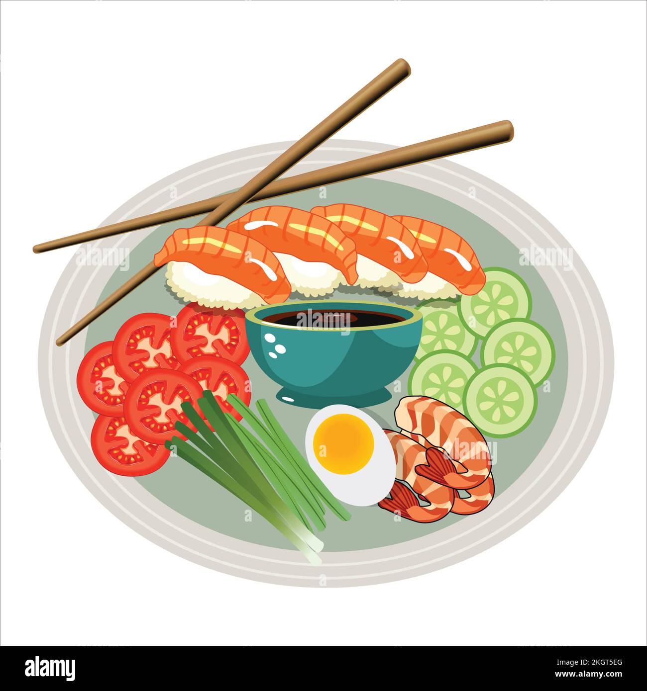 Illustration de vecteur alimentaire asiatique avec salade. Concept alimentaire asiatique avec sauce soja et sushi. Salade verte aux légumes. Illustration de Vecteur