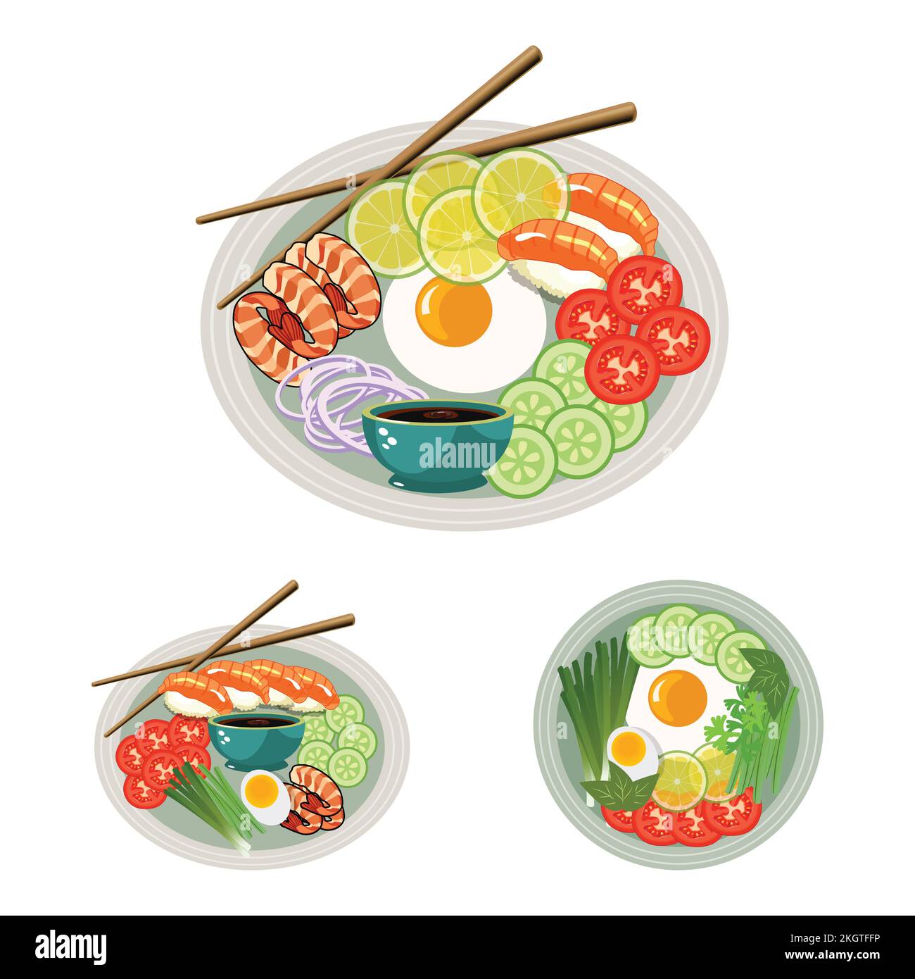 Collection asiatique traditionnelle de foo avec baguettes. Motif vectoriel de salade avec citron, tomate, concombre et oignon. Sushi à la sauce soja et aux crevettes. Illustration de Vecteur