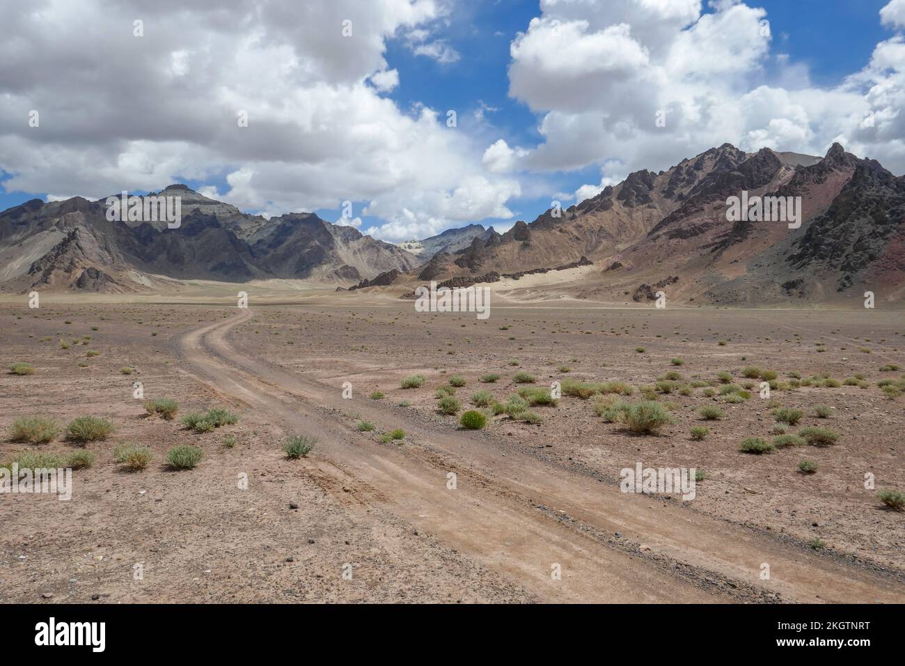 Vue panoramique sur le paysage de montagne du désert de haute altitude avec des pistes de terre près de l'autoroute Pamir entre Murghab et Ak Baital, Gorno-Badakshan, Tadjikistan Banque D'Images