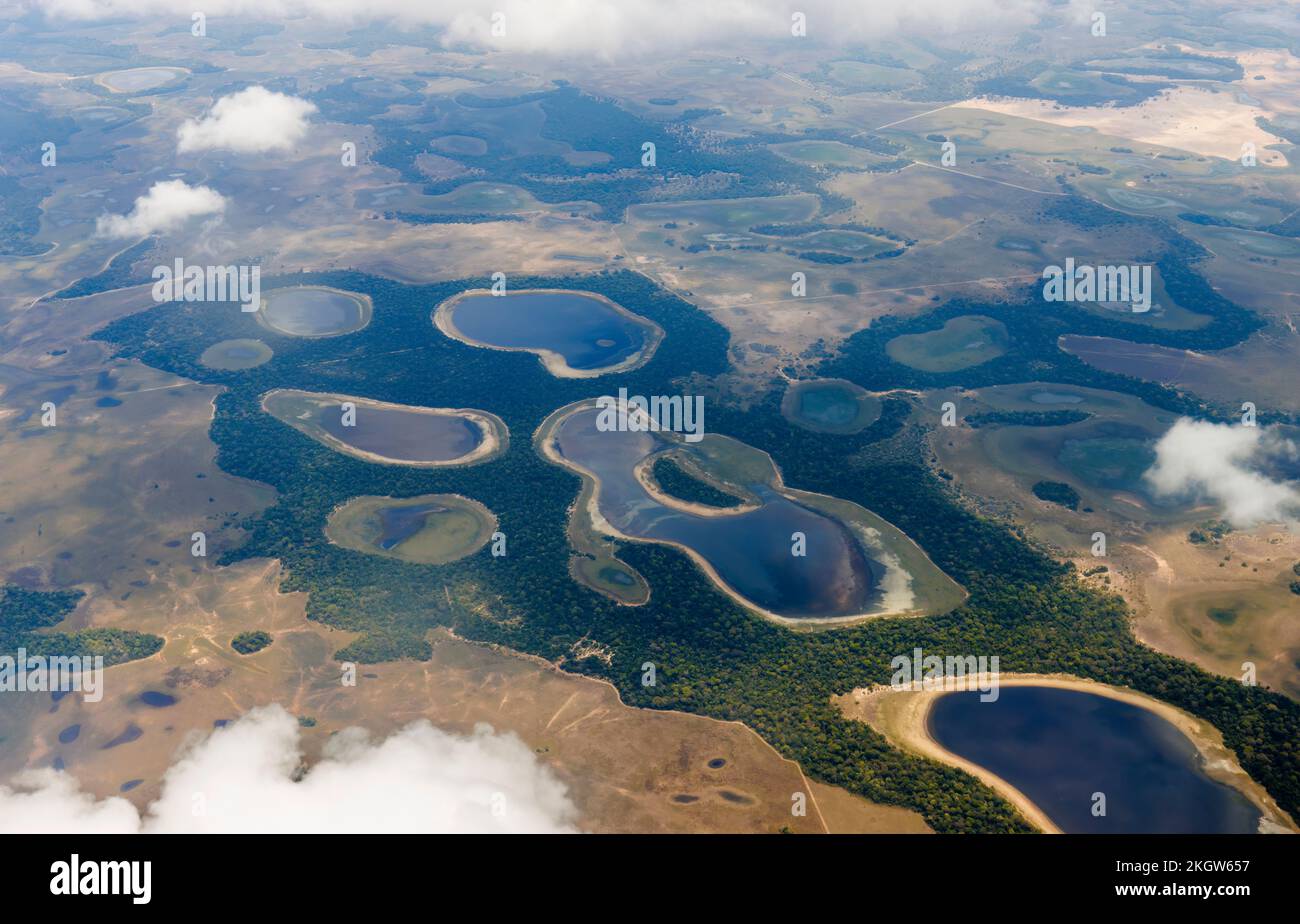 Vue aérienne du paysage du Pantanal et des lacs vus sur un vol du nord au sud du Pantanal, Brésil (Mato Grosso et Mato Grosso do Sul) Banque D'Images