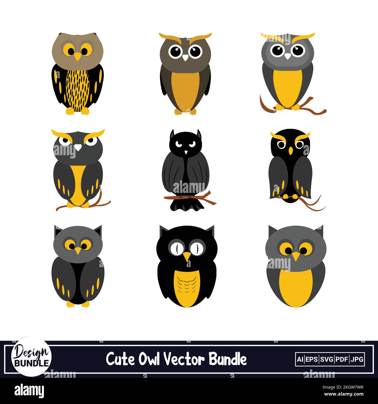 Motif chouette d'Halloween sur fond blanc. Motif hibou de couleur noire et visage terrifiant. Collection Halloween Spooky Owl design. Illustration de Vecteur