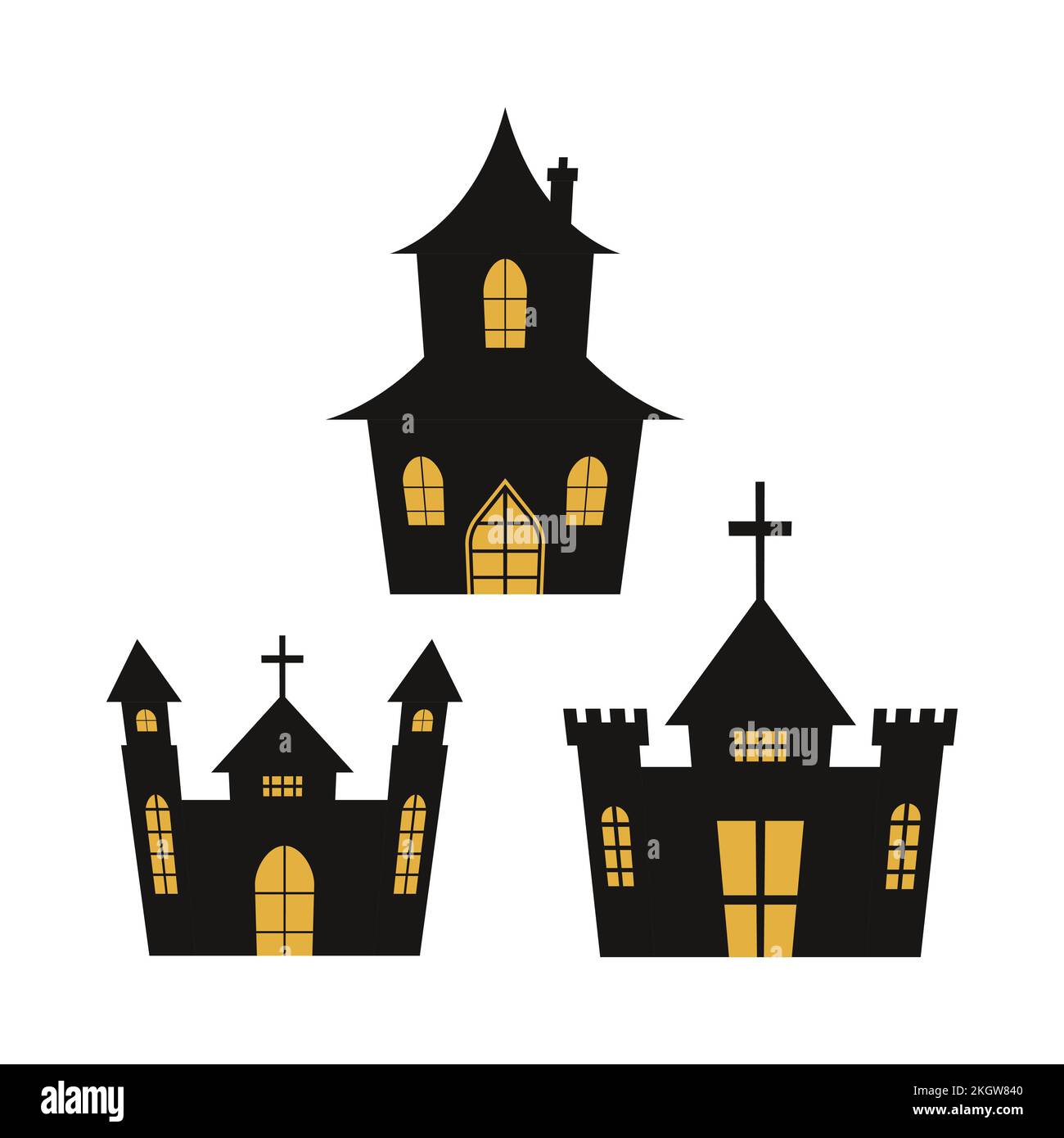 Motif de silhouette de château effrayant d'Halloween avec des couleurs noir et jaune. Collection hantée de conception de silhouette de château sur un fond blanc pour Halloween Illustration de Vecteur