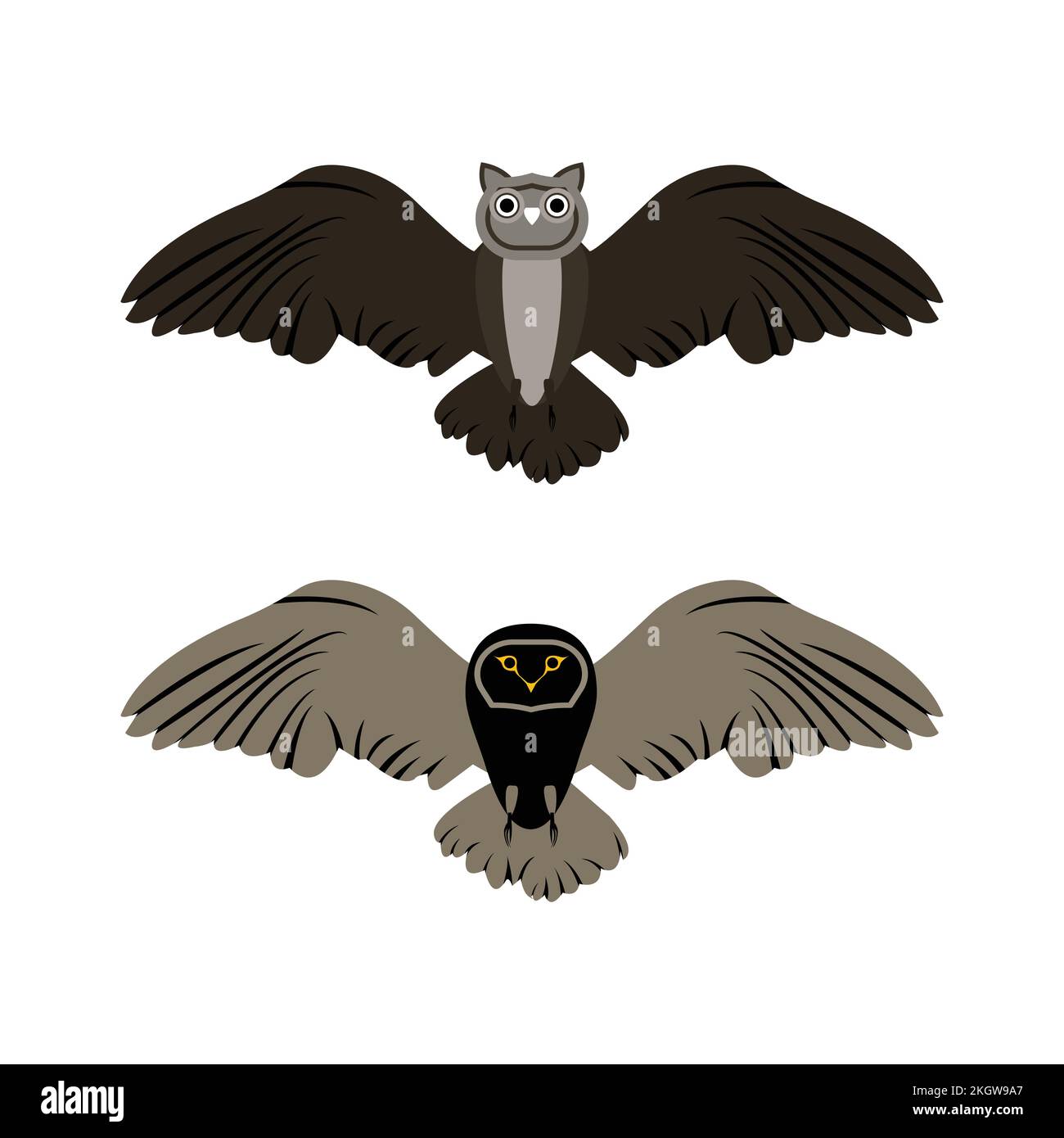 Motif chouette d'Halloween avec frêne, noir et couleur dorée. Collection de motifs vectoriels chouette effrayants avec ailes étalées sur fond blanc pour Halloween. Secouée Illustration de Vecteur