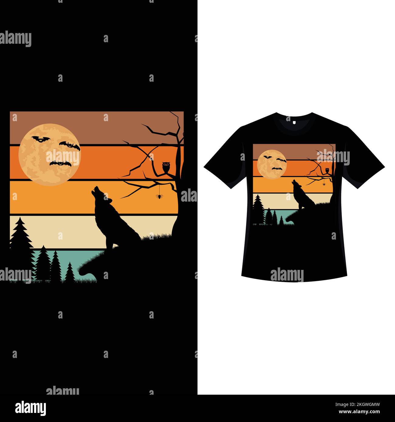 T-shirt rétro Halloween avec un loup hurlant. Motif Halloween Fashion Wear avec une silhouette de loup et de lune, de chauve-souris et d'arbre mort. Vin effrayant Illustration de Vecteur