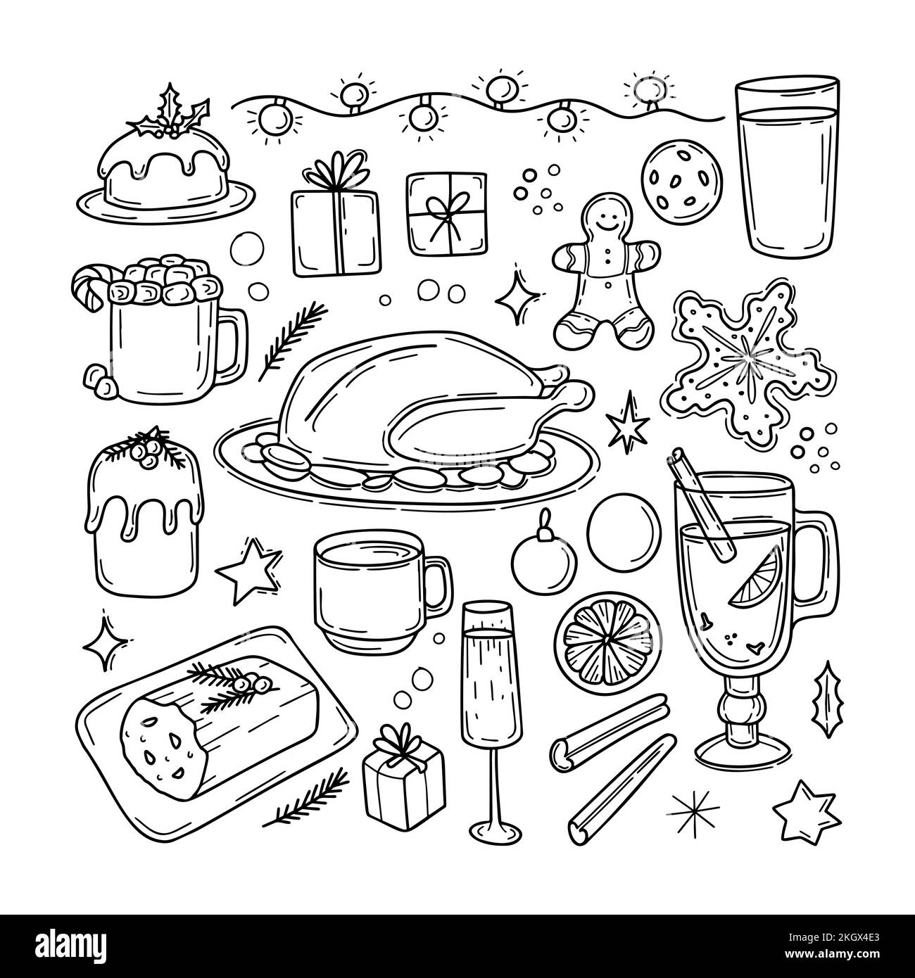 Illustration de la cuisine et des boissons de Noël traditionnelles dans un style de caniche Illustration de Vecteur