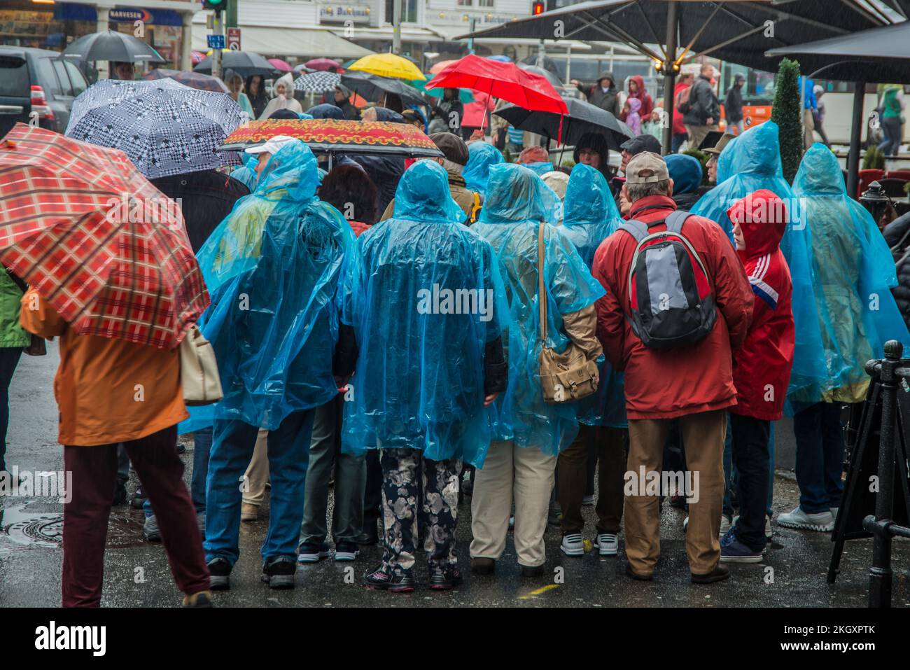 Personnes sous la pluie avec parasols, manteaux de pluie et ponchos bleus, dans la ville de Bergen, Norvège Banque D'Images