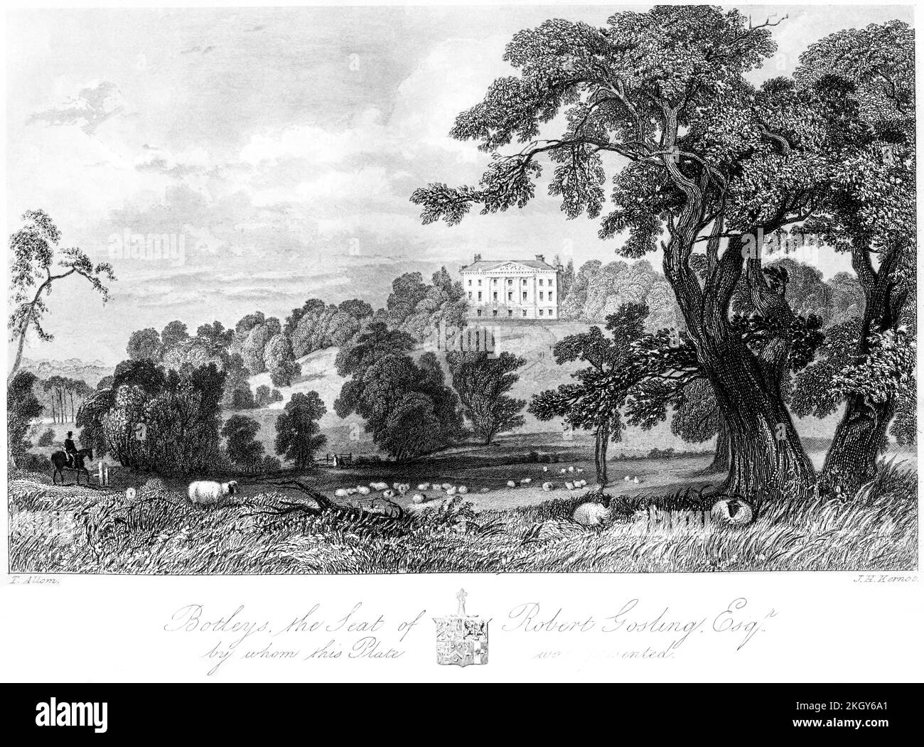 Une gravure de Botleys, The Seat of Robert Gosling Esq., Surrey UK a scanné à haute résolution à partir d'un livre imprimé en 1850. Je pensais libre de droits d'auteur. Banque D'Images
