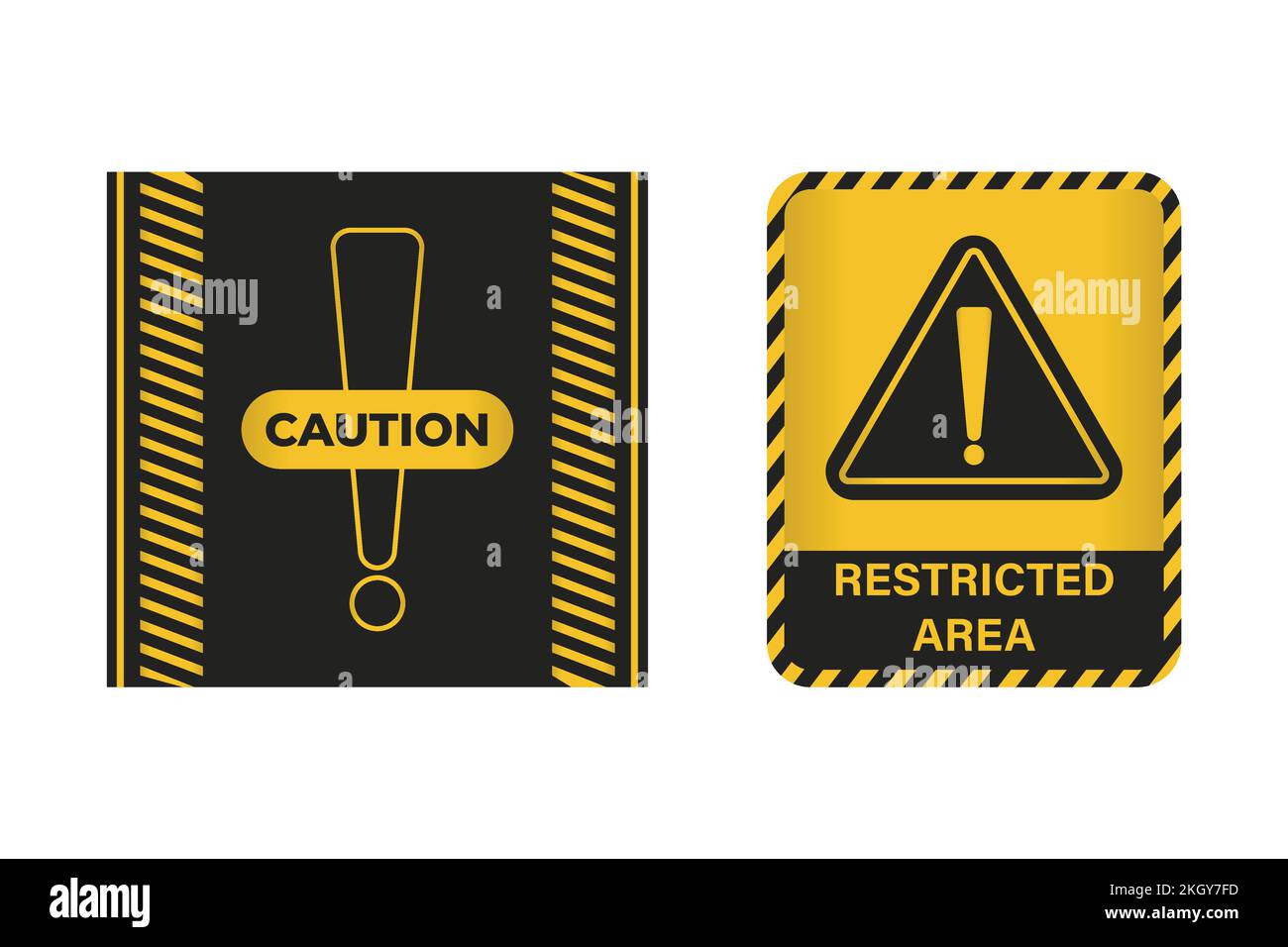 Mise en place d'un panneau d'avertissement noir et jaune. Zone restreinte, panneau d'avertissement de couleur jaune et noire. Panneau de mise en garde pour la police, l'accident, sous la co Illustration de Vecteur