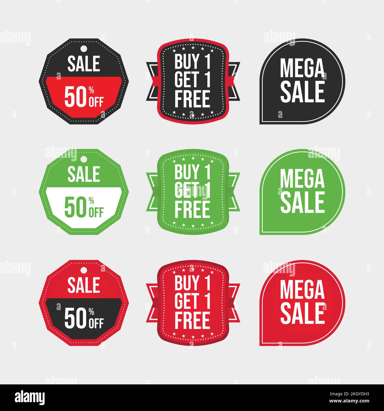 Vecteur de coupon de réduction de vente. Solde 50 % de rabais sur l'écusson vert, noir et rouge. Achetez-en un et recevez-en un gratuitement. Ensemble de badges Mega sale. Vert, noir et rouge sal Illustration de Vecteur