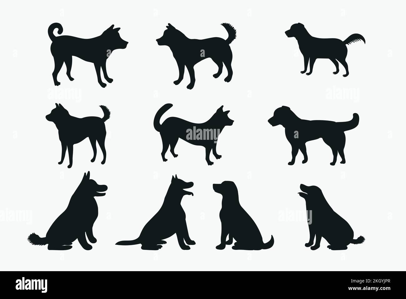 Collection de silhouette de chien sur fond blanc. Différents types de collection de silhouette de chien. Silhouette de chien assis et debout vecto Illustration de Vecteur