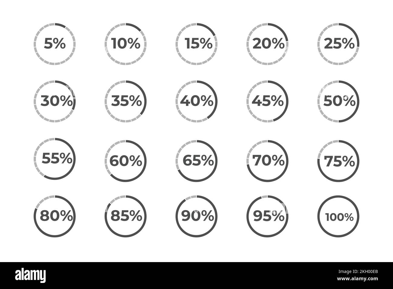 Ensemble de diagrammes circulaires en pourcentage pour l'infographie en noir et blanc. Pourcentage de contour noir isolé sur fond blanc. Cercles divisés par pourcentage. Illustration de Vecteur