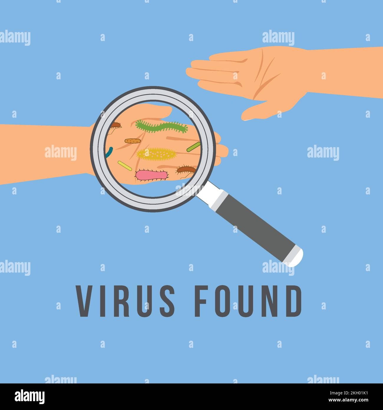 Virus et germes en main. Vérification des mains avec une loupe et recherche de Covid-19. Coronavirus trouvé sur les mains avec une loupe Illustration de Vecteur