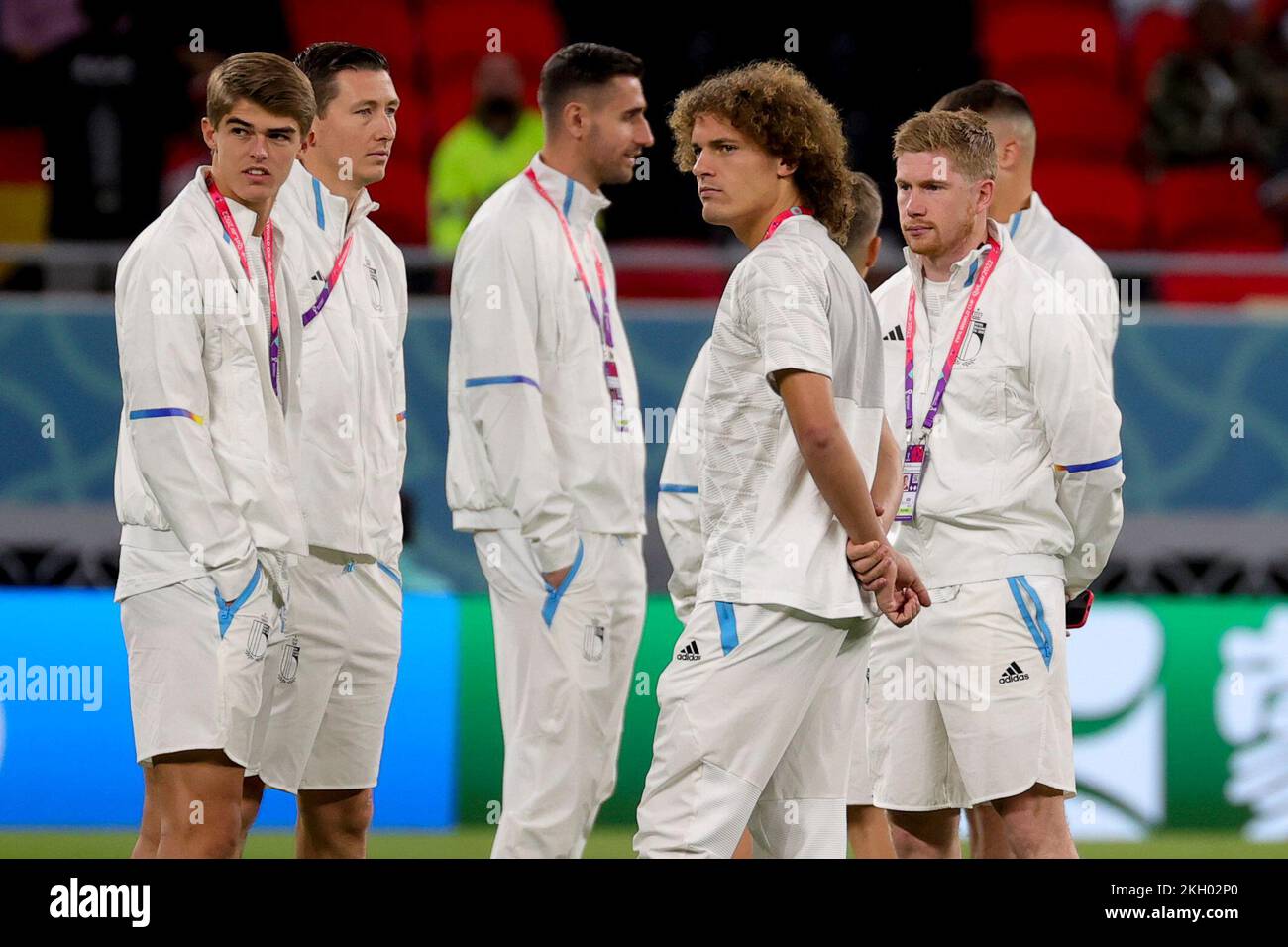 Al Rayyan, Qatar. 23rd novembre 2022. Charles de Ketelaere en Belgique, Hans Vanaken en Belgique, Wout Faes en Belgique et Kevin de Bruyne en Belgique ont photographié avant un match de football entre l'équipe nationale belge les Red Devils et le Canada, dans le Groupe F de la coupe du monde FIFA 2022 à Al Rayyan, État du Qatar, le mercredi 23 novembre 2022. BELGA PHOTO VIRGINIE LEFOUR crédit: Belga News Agency/Alay Live News Banque D'Images