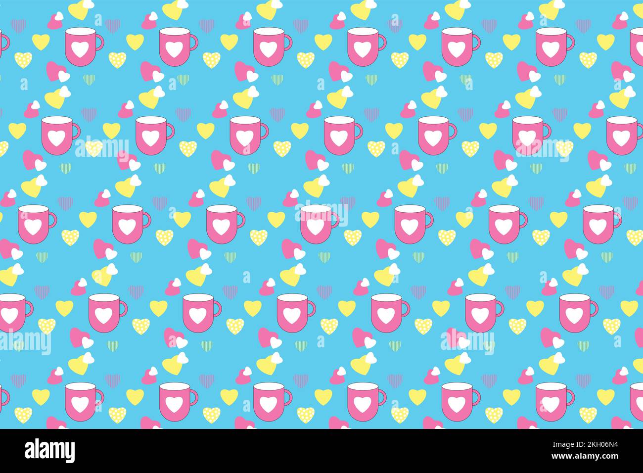 Magnifique motif sans fin avec formes d'amour et tasses à café sur fond bleu. Décoration minimaliste avec motif d'élément d'amour pour les draps et la couverture de livre Illustration de Vecteur