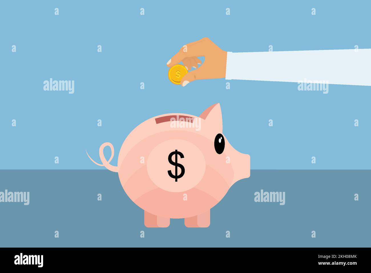 Économiser de l'argent dans un vecteur de concept de banque de porc. Homme économisant de l'argent à l'intérieur d'une jolie banque de porc. Investir et business banking concept avec une main humaine, aller Illustration de Vecteur