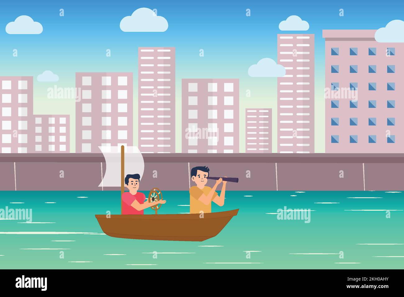 Illustration de personnage plat de petit enfant avec un petit bateau et un lac urbain. Enfants jouant avec le bateau sur un lac avec un fond urbain. Ch jouable Illustration de Vecteur