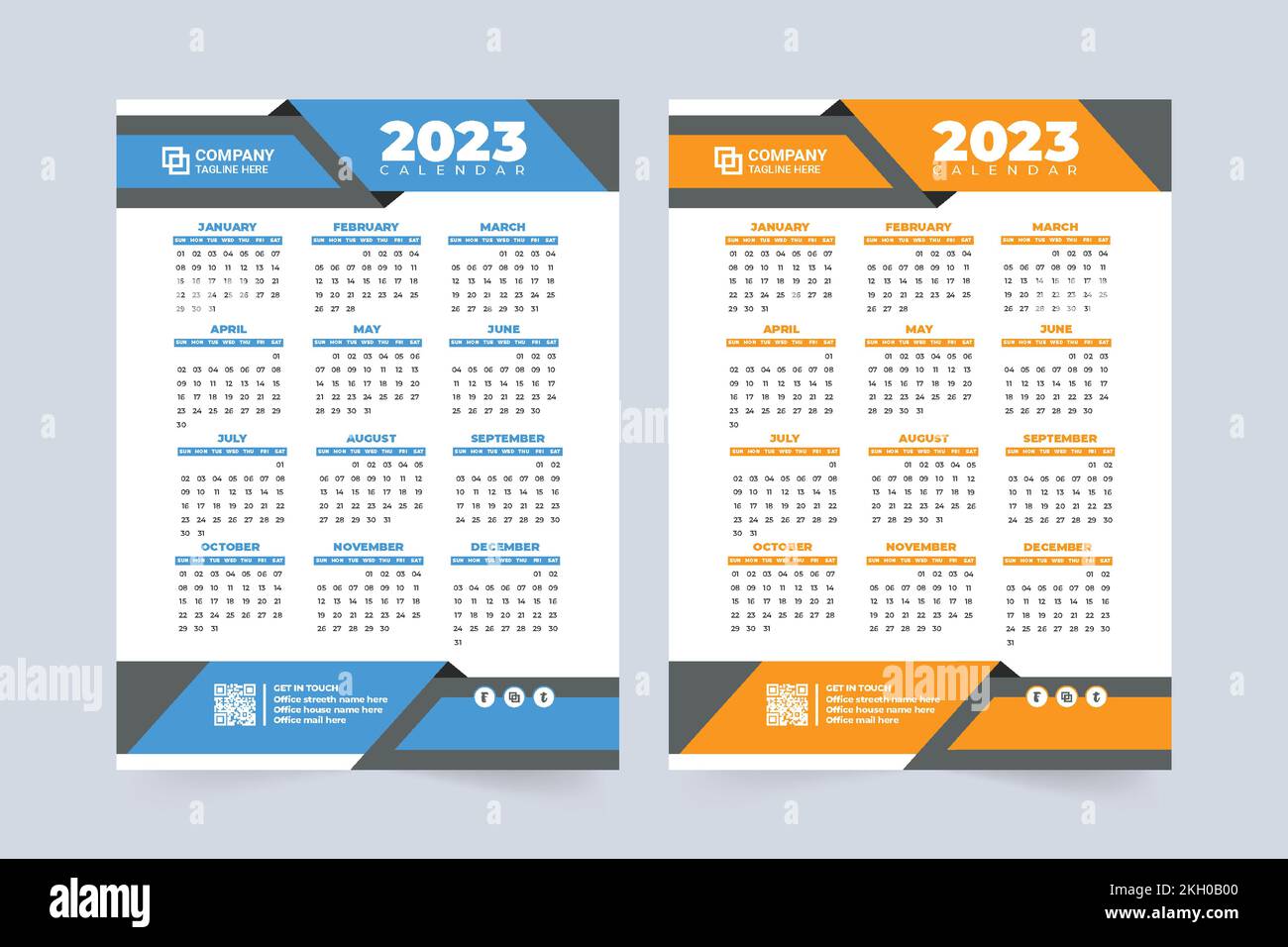 Décoration de calendrier créative aux formes abstraites. Calendrier mural d'entreprise et vecteur d'organiseur de bureau. calendrier 2023 avec bleu et orange colo Illustration de Vecteur