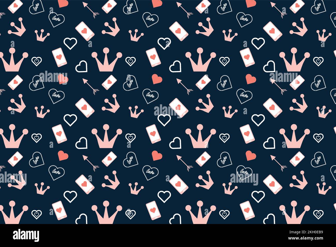 Joli motif d'amour sans couture avec couronnes et formes d'amour. Arrière-plan minimaliste avec motif d'amour pour fonds d'écran et draps. Saint-Valentin p Illustration de Vecteur