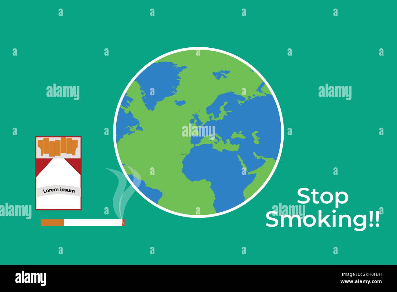 Texte « Stop smoking » avec paquet de cigarettes et motif World Map à plat. Vecteur de cigarette allumé avec la fumée et une illustration de globe. Fumeurs Illustration de Vecteur