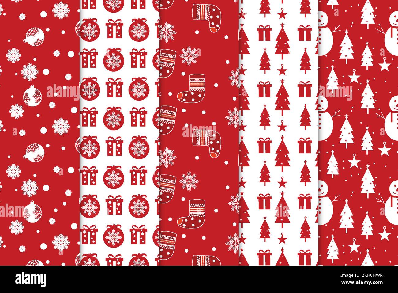 Ensemble d'arrière-plan à motif de Noël avec arrière-plans rouge et blanc. Collection de motifs sans couture de Noël avec boules décoratives et chaussettes. Résumé pa Illustration de Vecteur