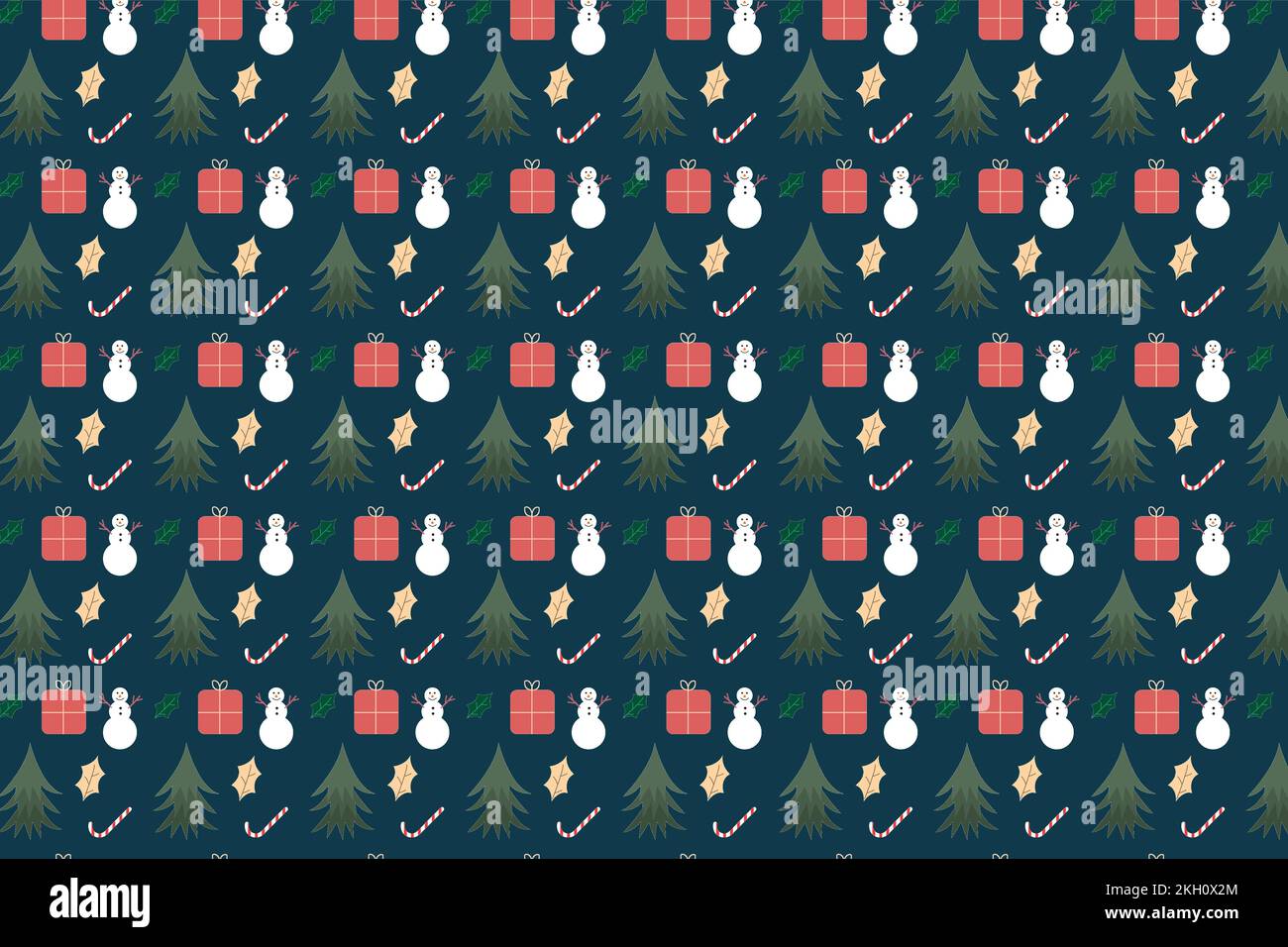 Motif de Noël décoré de bonhommes de neige, de feuilles de pin et d'icônes de cadeaux. Motif sans couture pour cartes cadeaux, fonds d'écran, draps et fonds d'écran Illustration de Vecteur