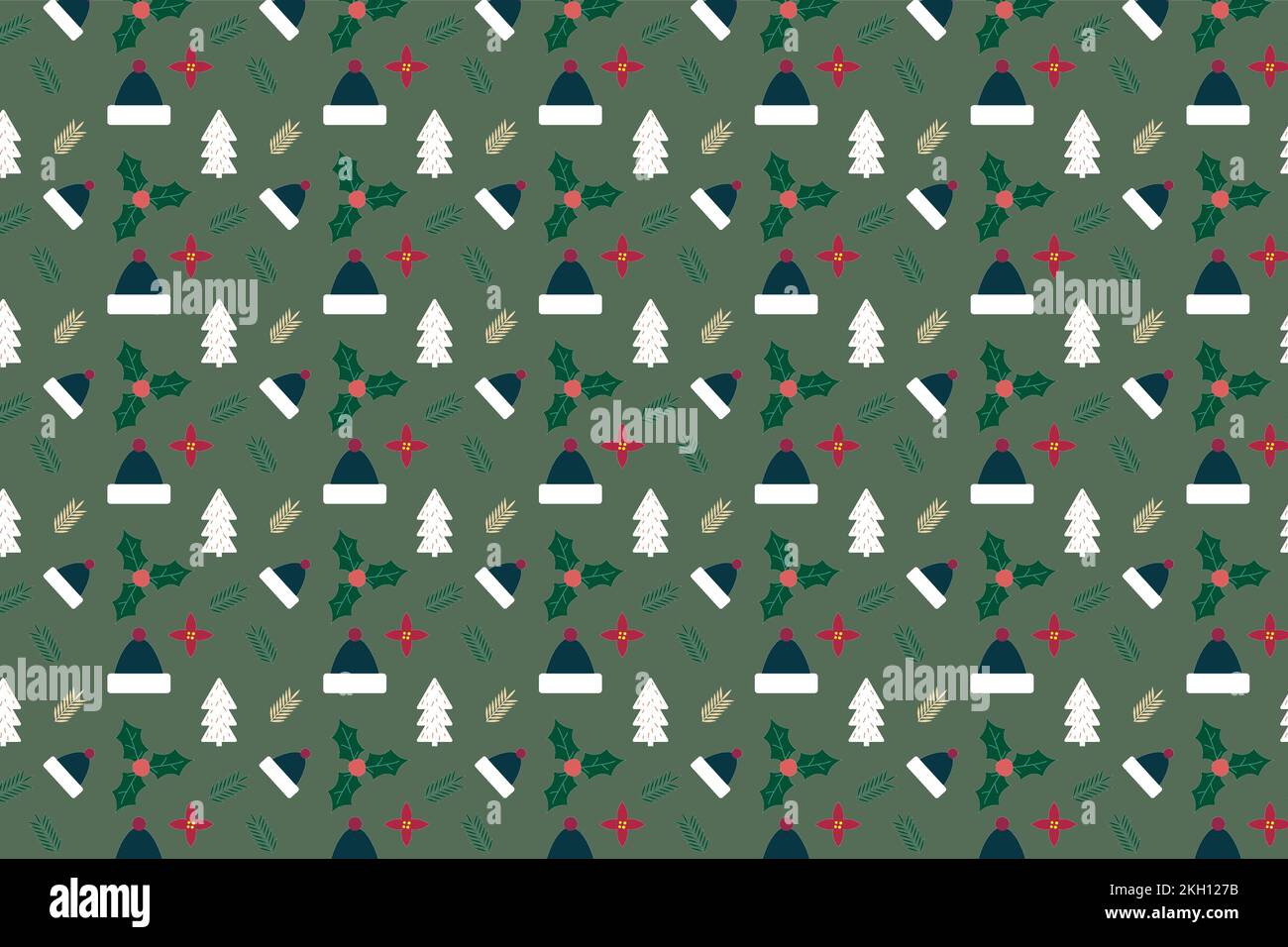 Décoration de Noël avec motif de feuilles de pin et chapeaux d'hiver. Vecteur de motif sans couture Xmas sur fond vert. Eleemen de motif de Noël Illustration de Vecteur