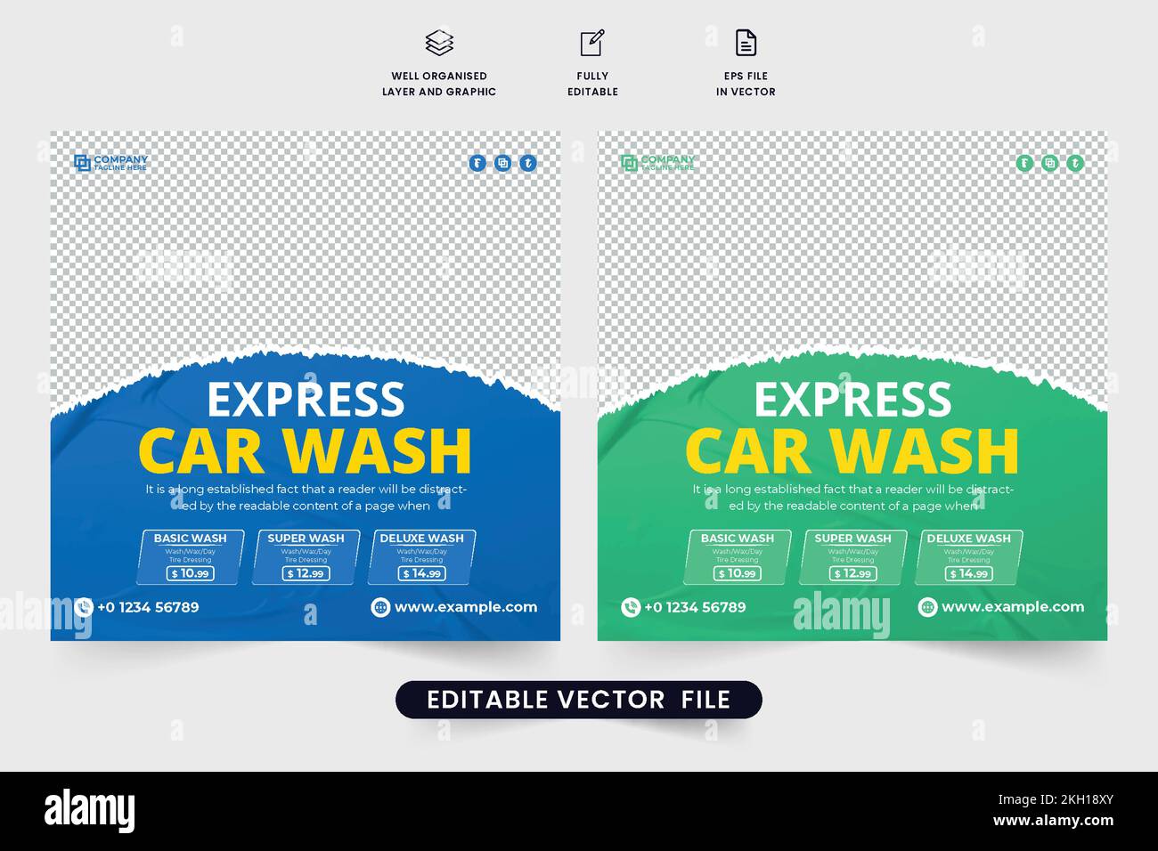 Modèle de lavage de voiture social media post vector avec les couleurs vert et bleu. Conception de bannières Web promotionnelles pour le service d'entretien automobile. Nettoyage de voiture b Illustration de Vecteur