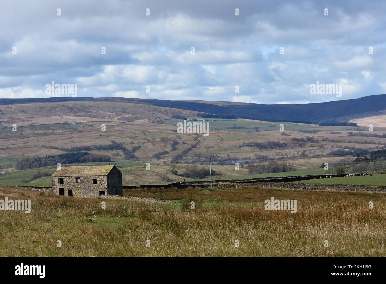 Ribble Valley, Lancashire, Royaume-Uni 03.31.22 Grange de campagne dans la vallée de Ribble prise au froid début du printemps avec champs collines et ciel nuageux. Banque D'Images
