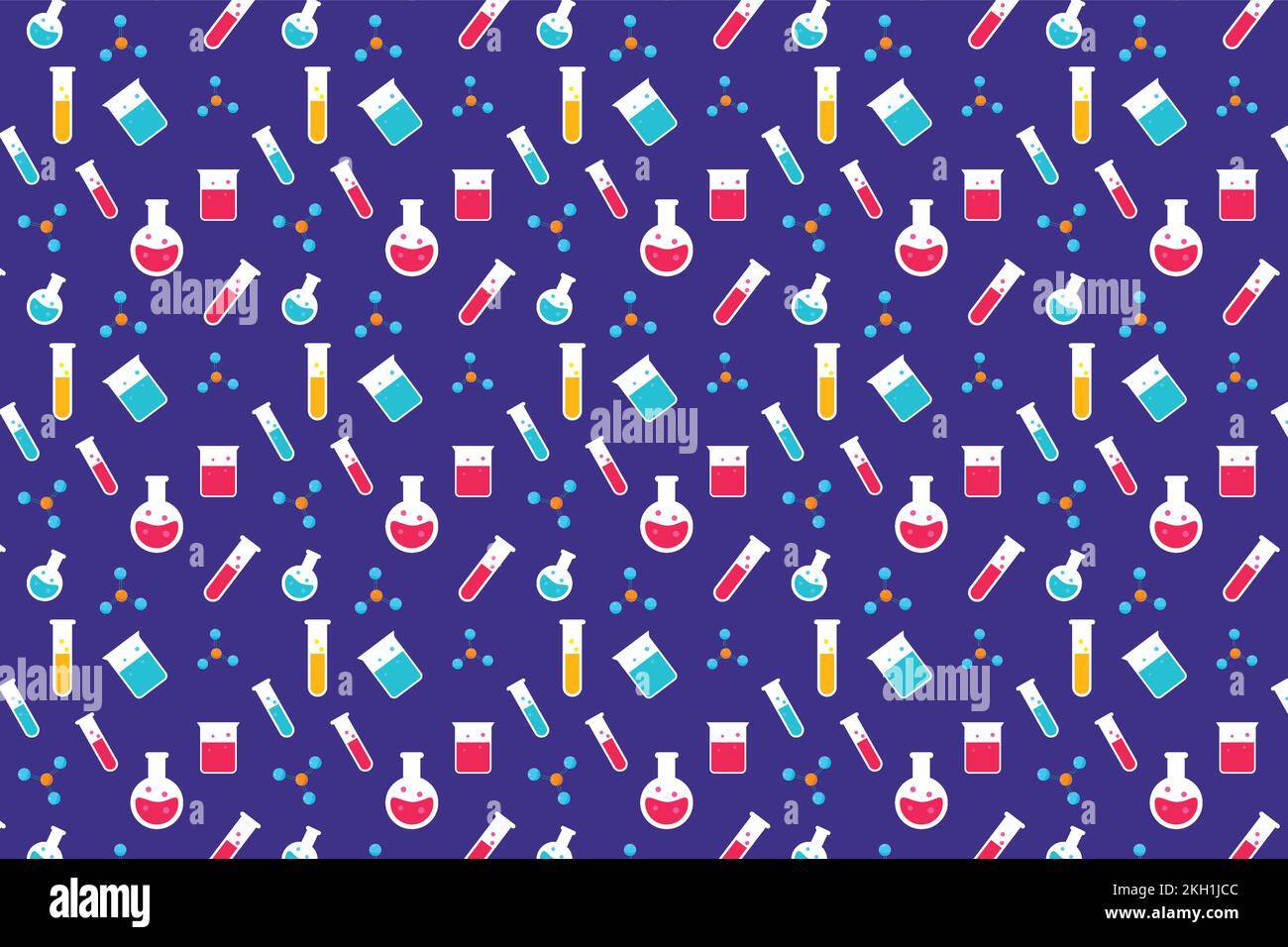 Vecteur d'arrière-plan de motif scientifique transparent avec icônes de base moléculaire et de tube à essai. Motif éducatif pour toile de fond et papier peint sur un violet Illustration de Vecteur