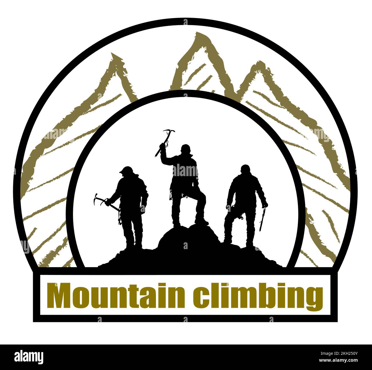 Trois grimpeurs noir et blanc avec hache de glace à la main ont le dessus de Mount et texte escalade de montagne, logo d'illustration de vecteur Illustration de Vecteur