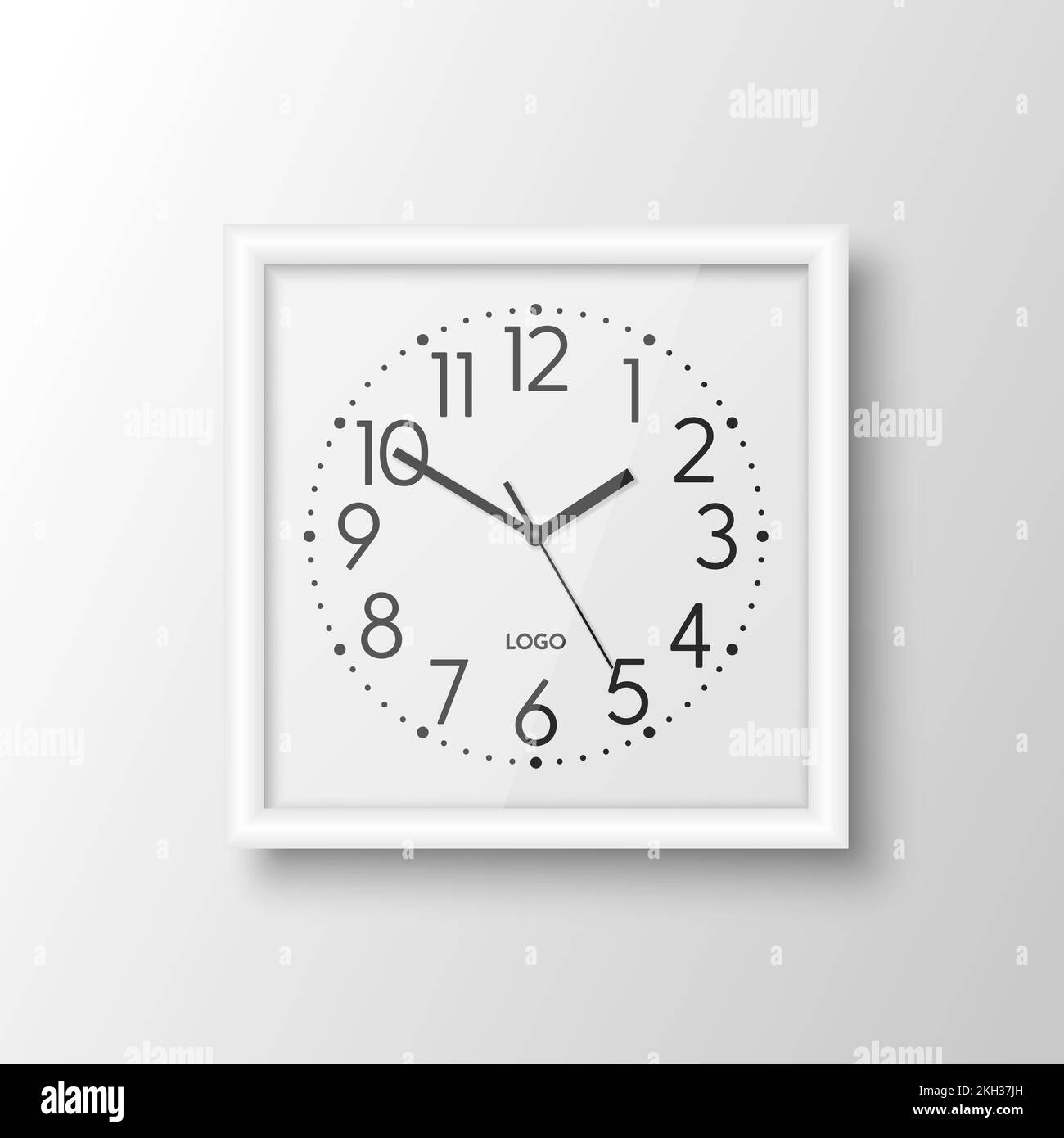Vector 3D Realistic White Square Wall Office Clock, modèle de conception isolé. Cadre blanc, cadran blanc, maquette d'horloge murale pour marquage et Illustration de Vecteur