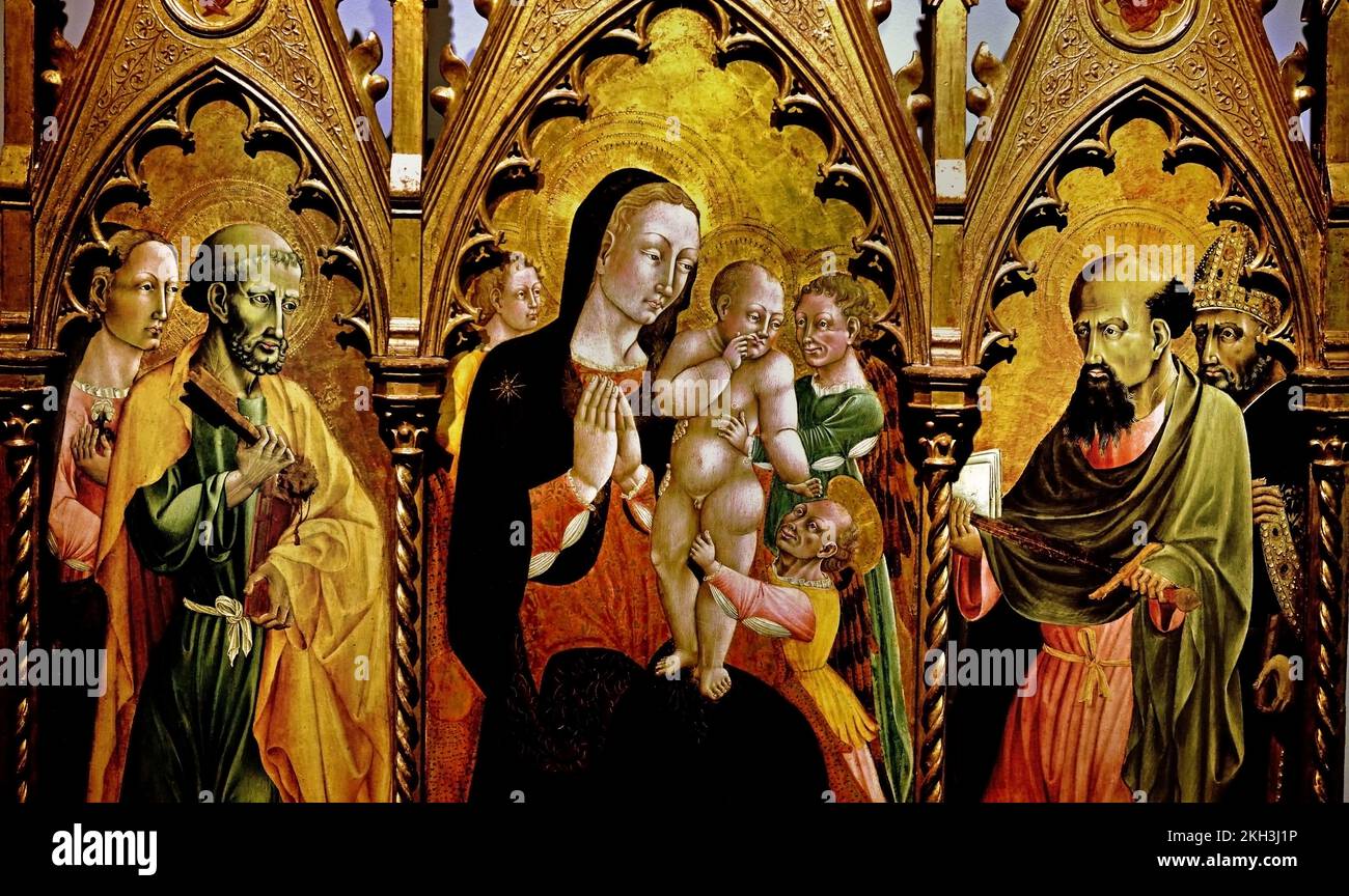 Madonna et l'enfant, entouré, par, Anges et Saints, 1465, Giacomo del Pisano, Italien, peintre, Italie, active 2nd moitié du 15th siècle Banque D'Images