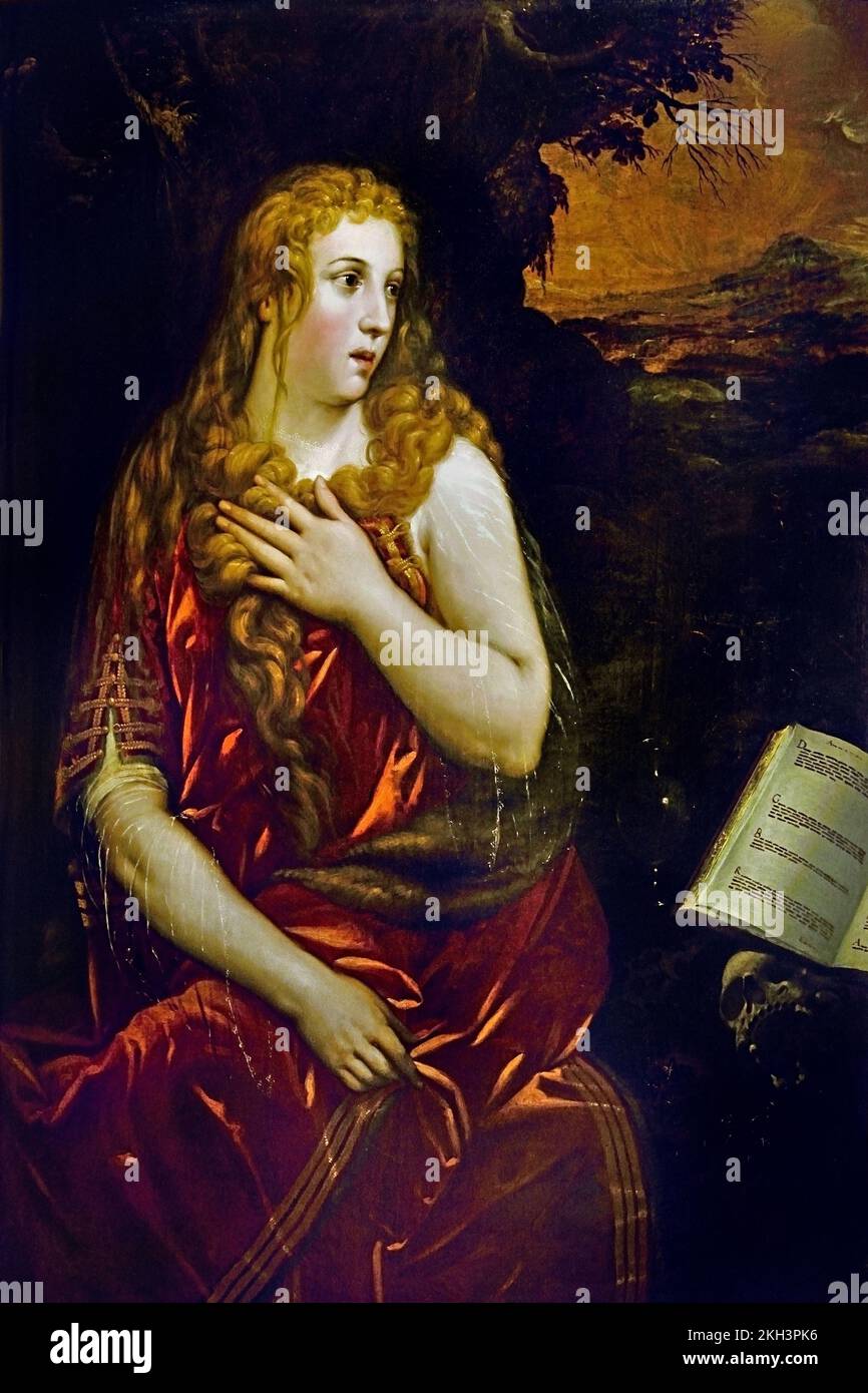 Pénitent Mary Magdalene par Gillis Coignet (1542-1599), 16th Century, Franch, French, Painter, St. Marie Magdalene, disciple de Jésus. Selon les récits de l'Evangile, Jésus l'a nettoyée de sept démons, elle l'a aidé financièrement en Galilée. Elle était témoin de la Crucifixion et de l'enterrement de Jésus, et, de manière célèbre, elle fut la première personne au voir après la Résurrection, Banque D'Images