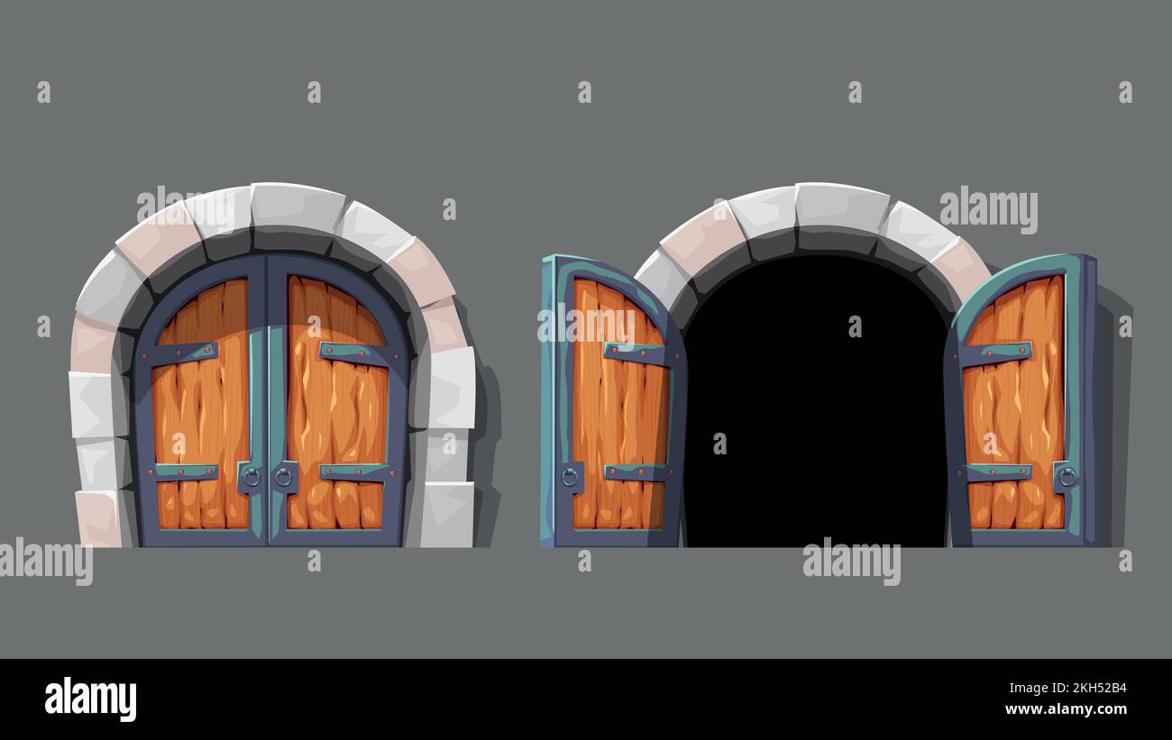les portes médiévales s'ouvrent et se ferment dans l'ensemble Illustration de Vecteur